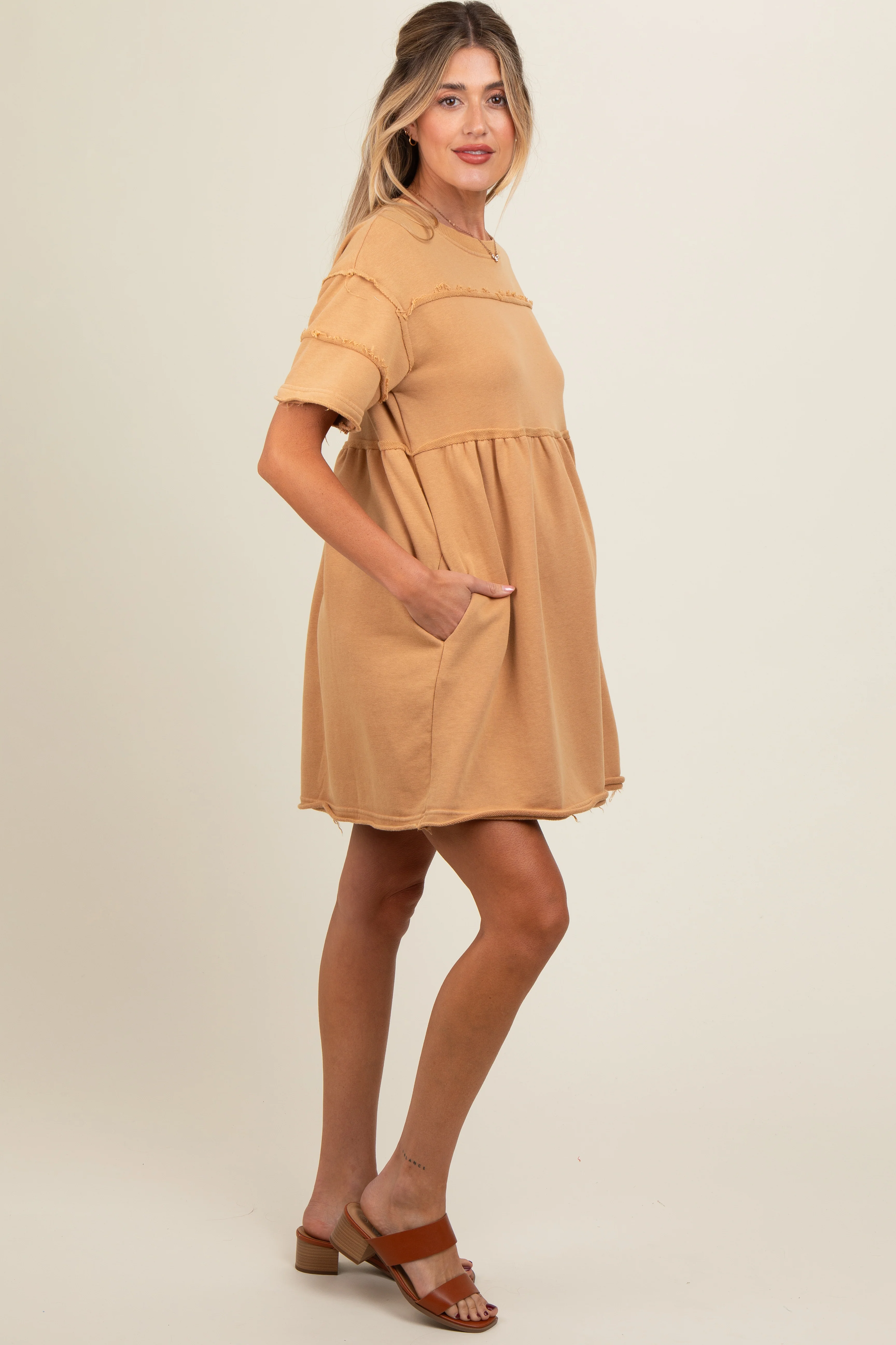 Camel Raw Hem Maternity Short Sleeve Dress - Image 4