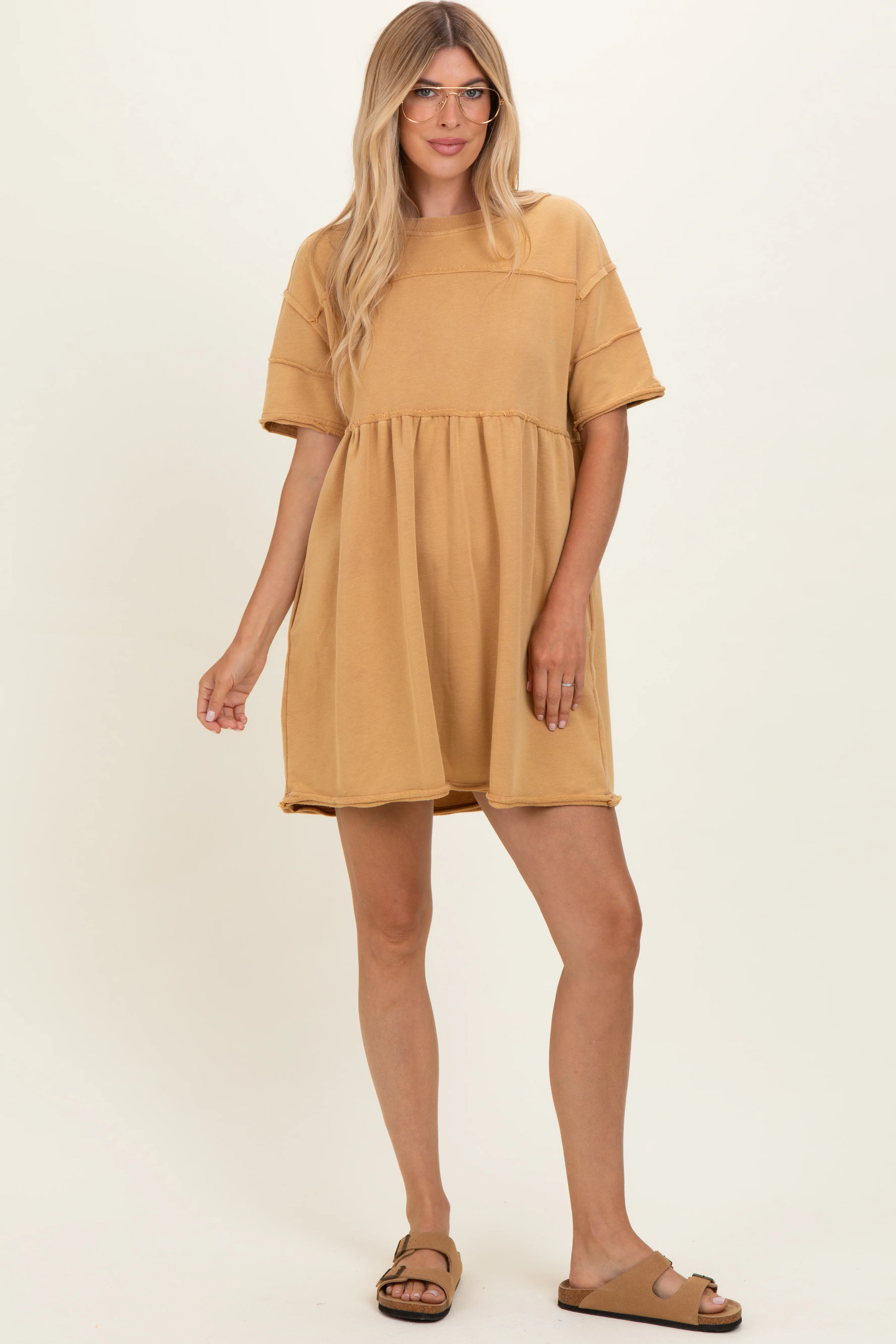 Camel Raw Hem Maternity Short Sleeve Dress - Image 6