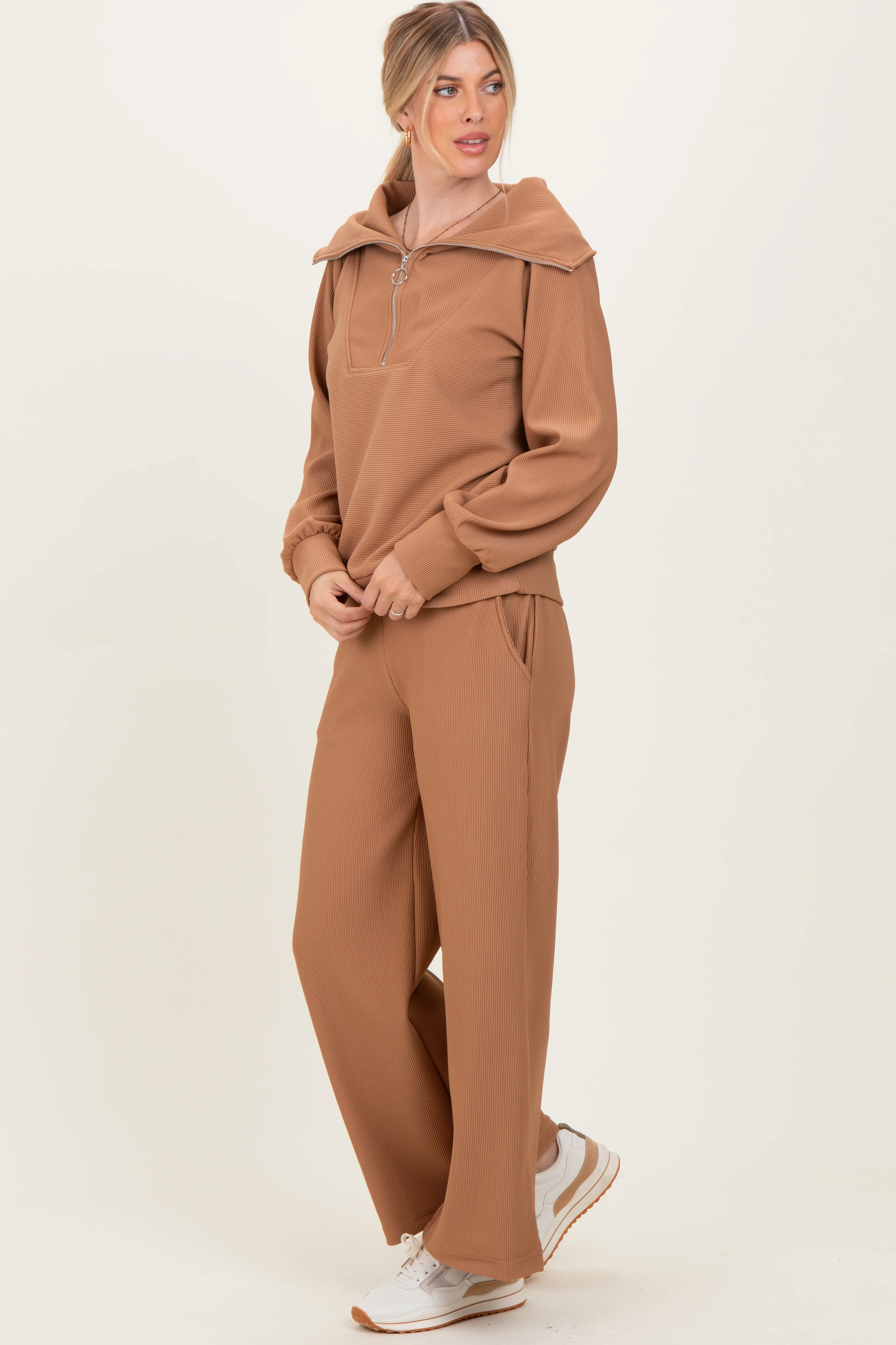 Camel Ribbed Half Zip Pullover Wide Leg Pant Set - Image 3
