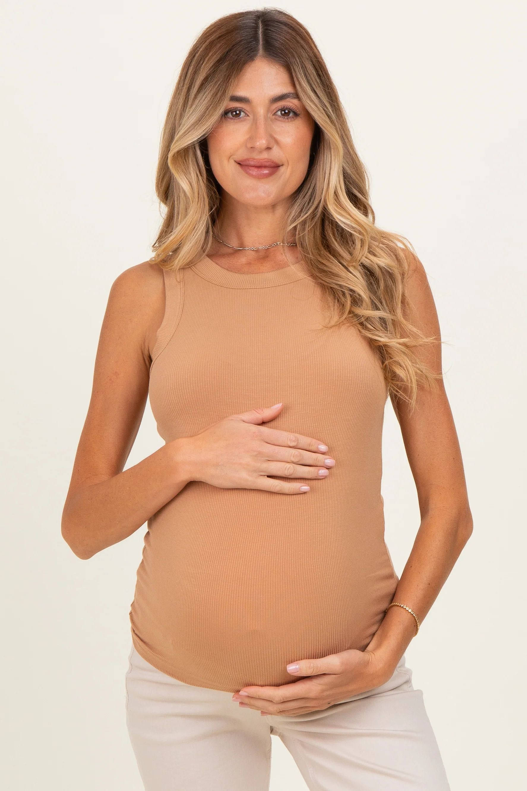 Camel Ribbed High Neck Maternity Tank Top
