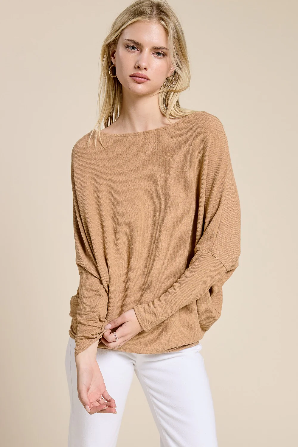 Camel Ribbed Maternity Dolman Top - Image 5