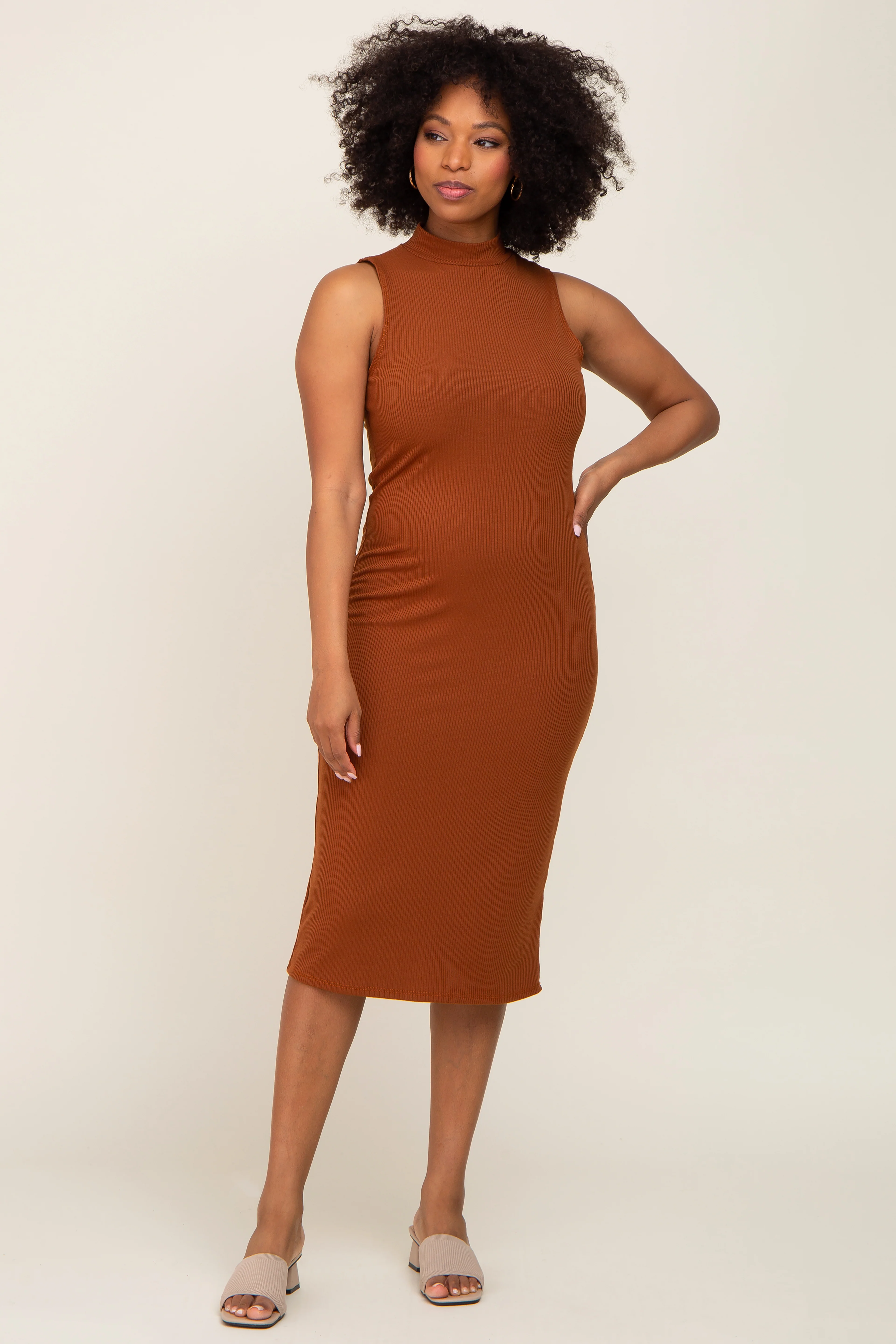 Camel Ribbed Sleeveless Mock Neck Maternity Midi Dress - Image 5