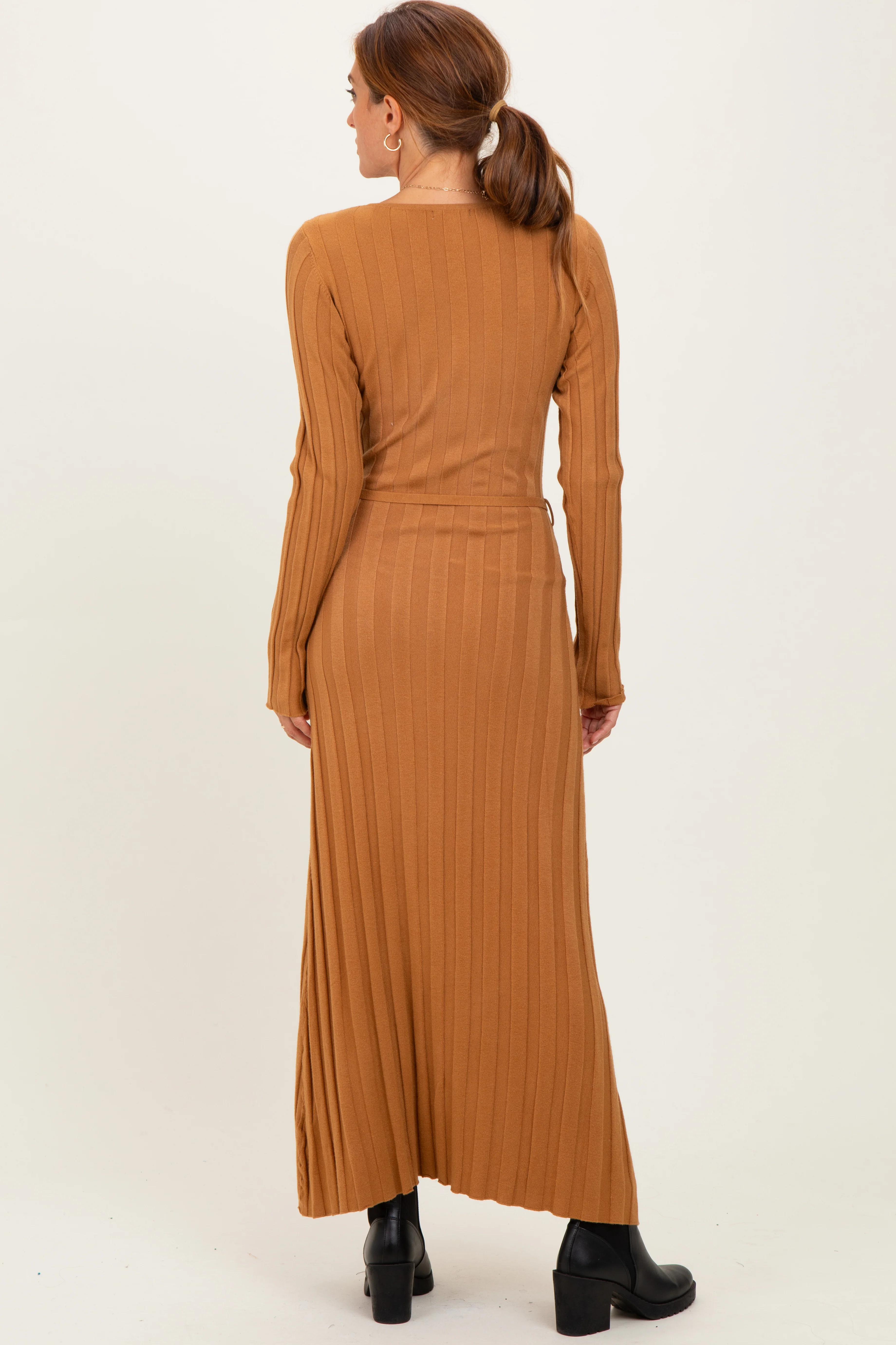 Camel Ribbed Wait Tie Midi Dress - Image 4