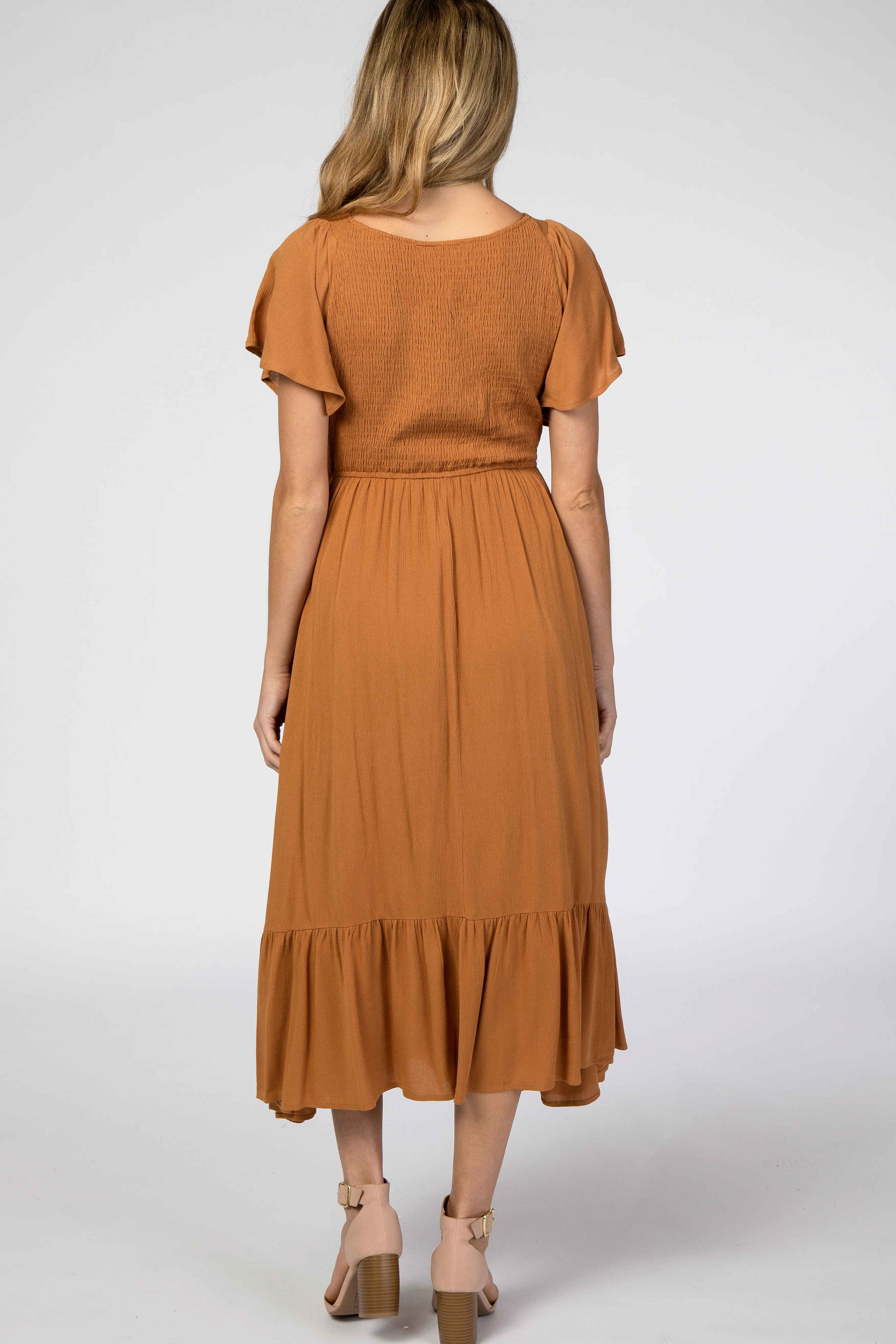 Camel Smocked V-Neck Maternity Midi Dress - Image 3