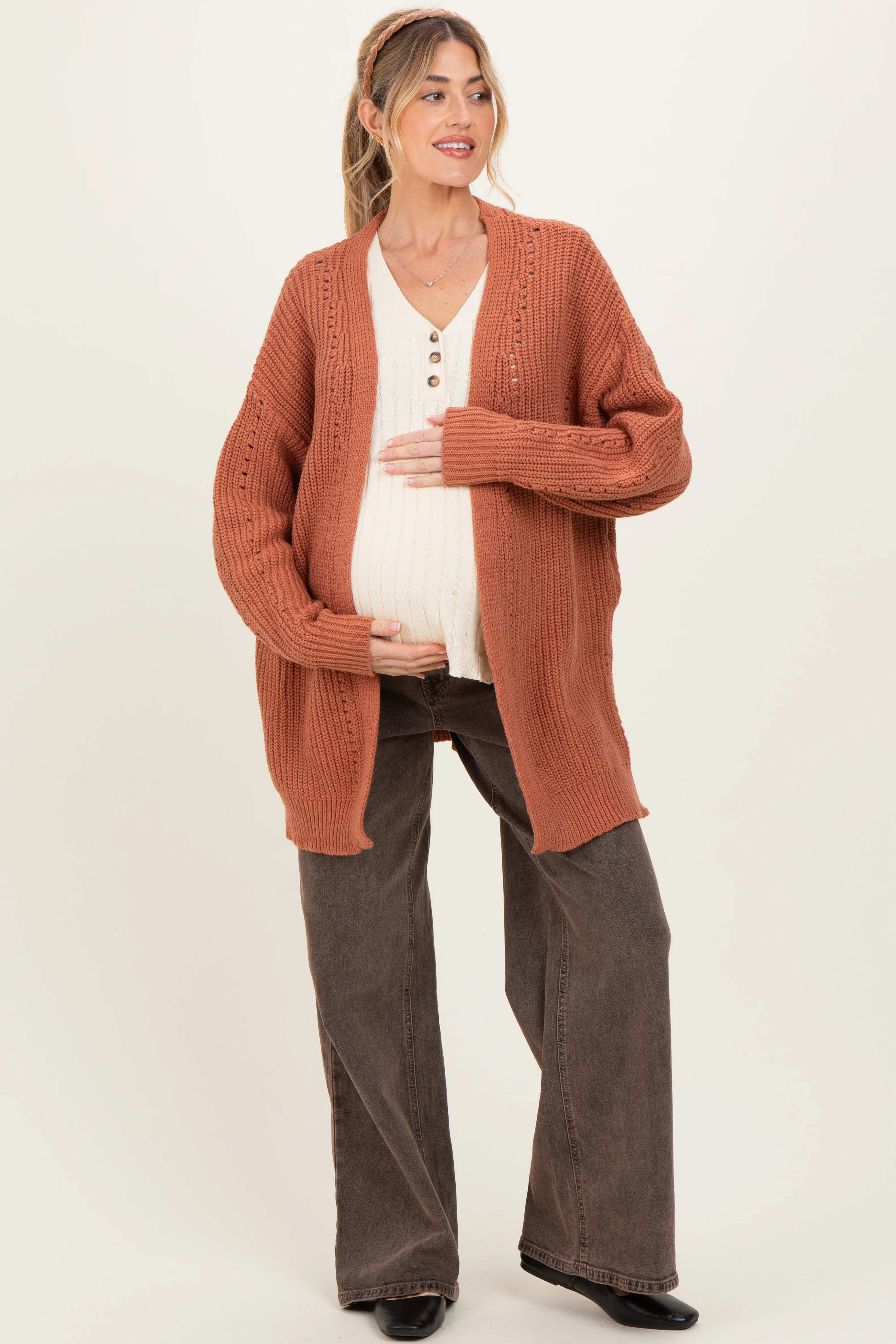 Camel Solid Long Sleeve Open Cable Maternity Cardigan - Image 2