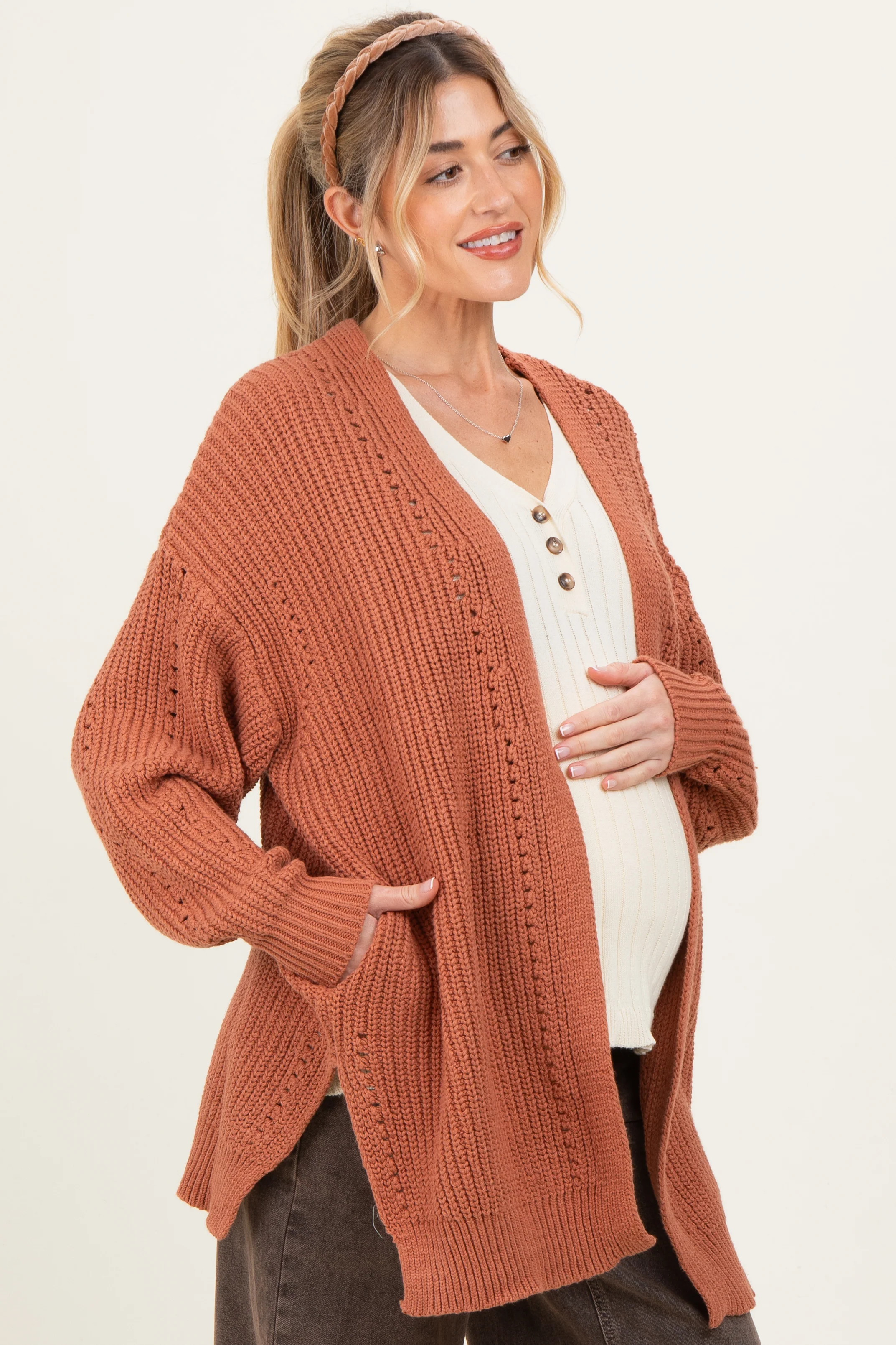 Camel Solid Long Sleeve Open Cable Maternity Cardigan - Image 3