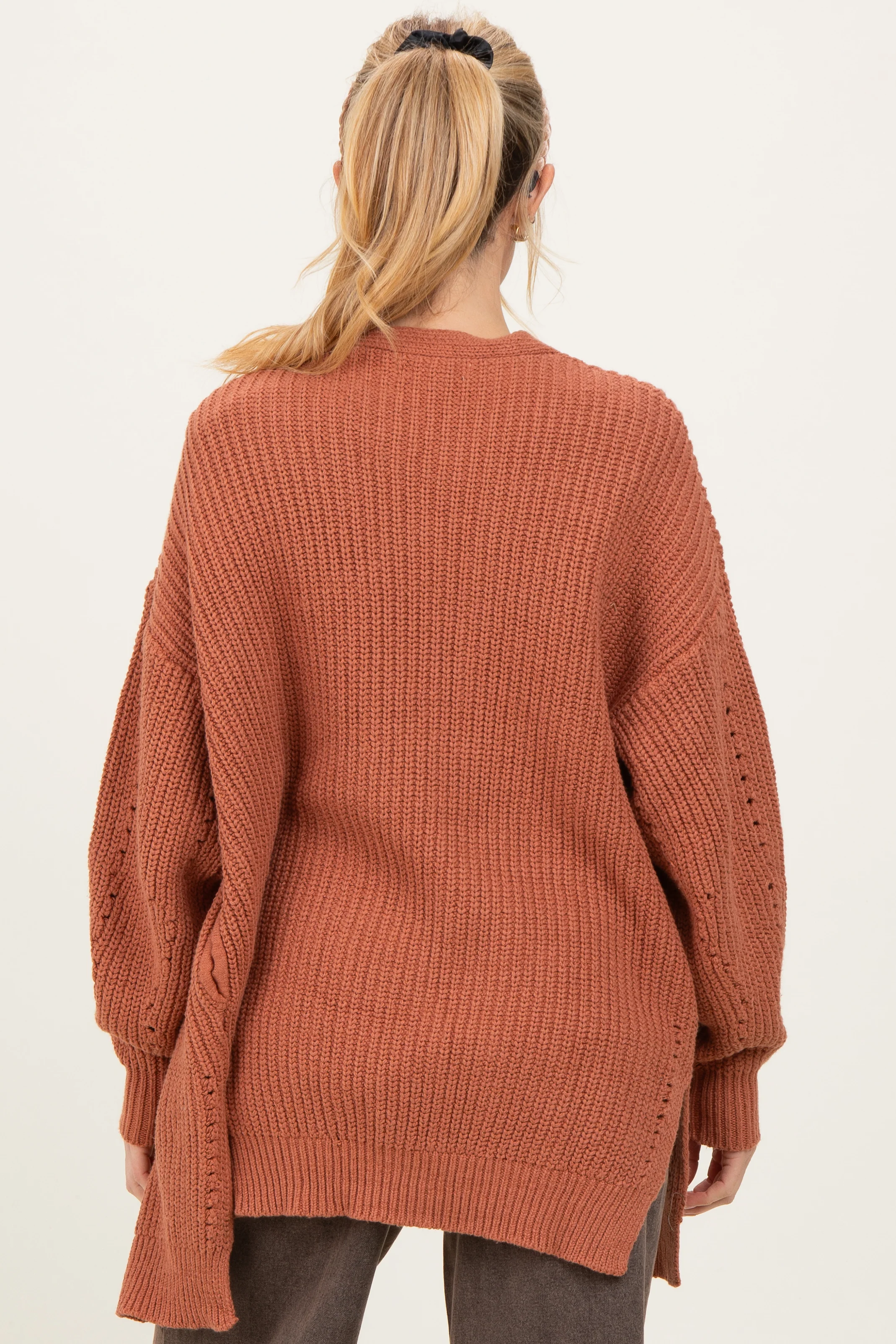 Camel Solid Long Sleeve Open Cable Maternity Cardigan - Image 4