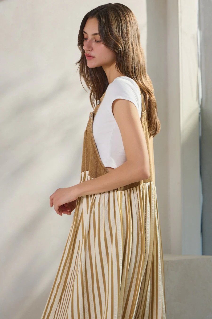 Camel Striped Colorblock Denim Contrast Maxi Dress - Image 4