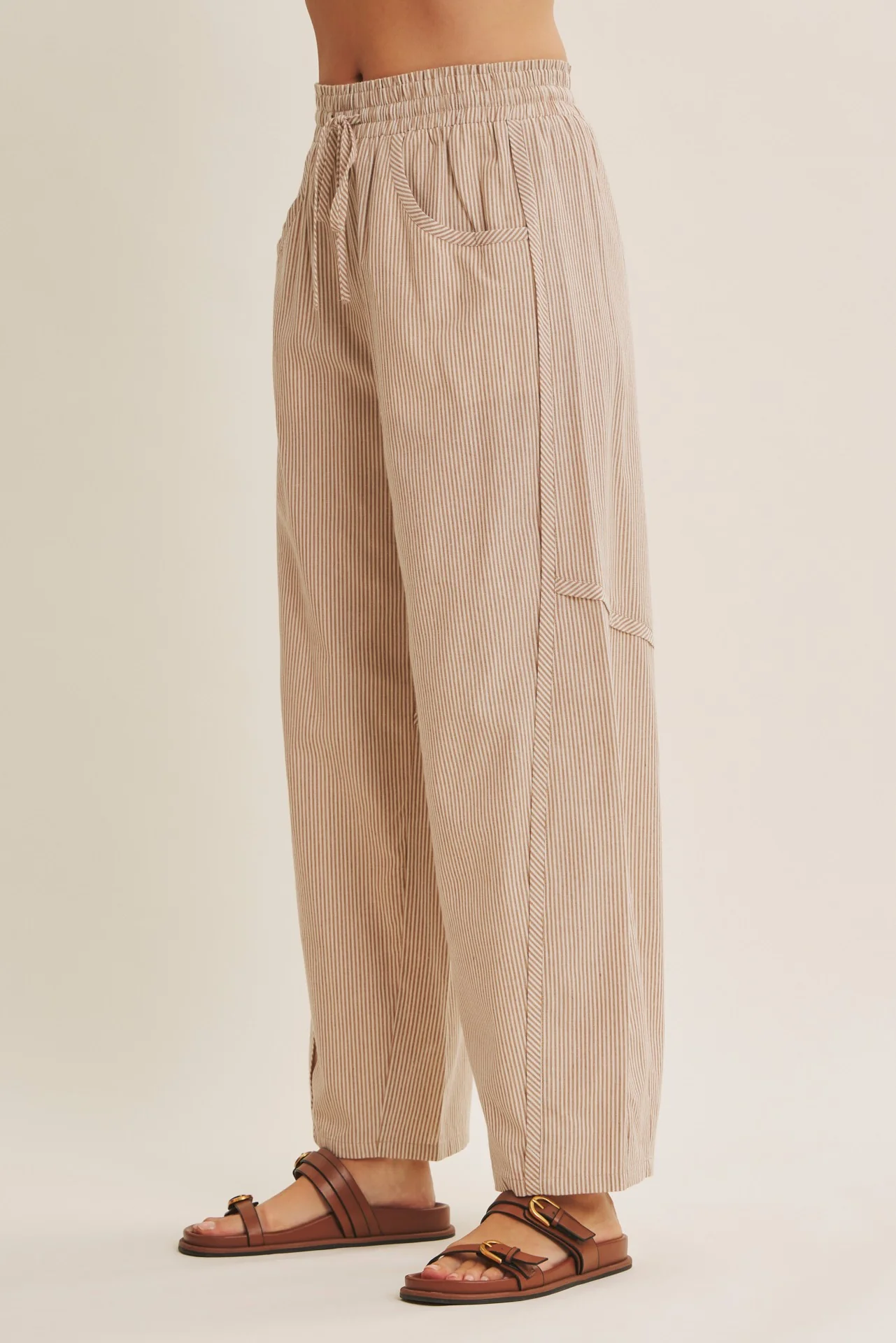Camel Striped Cotton Barrel Leg Pants - Image 4