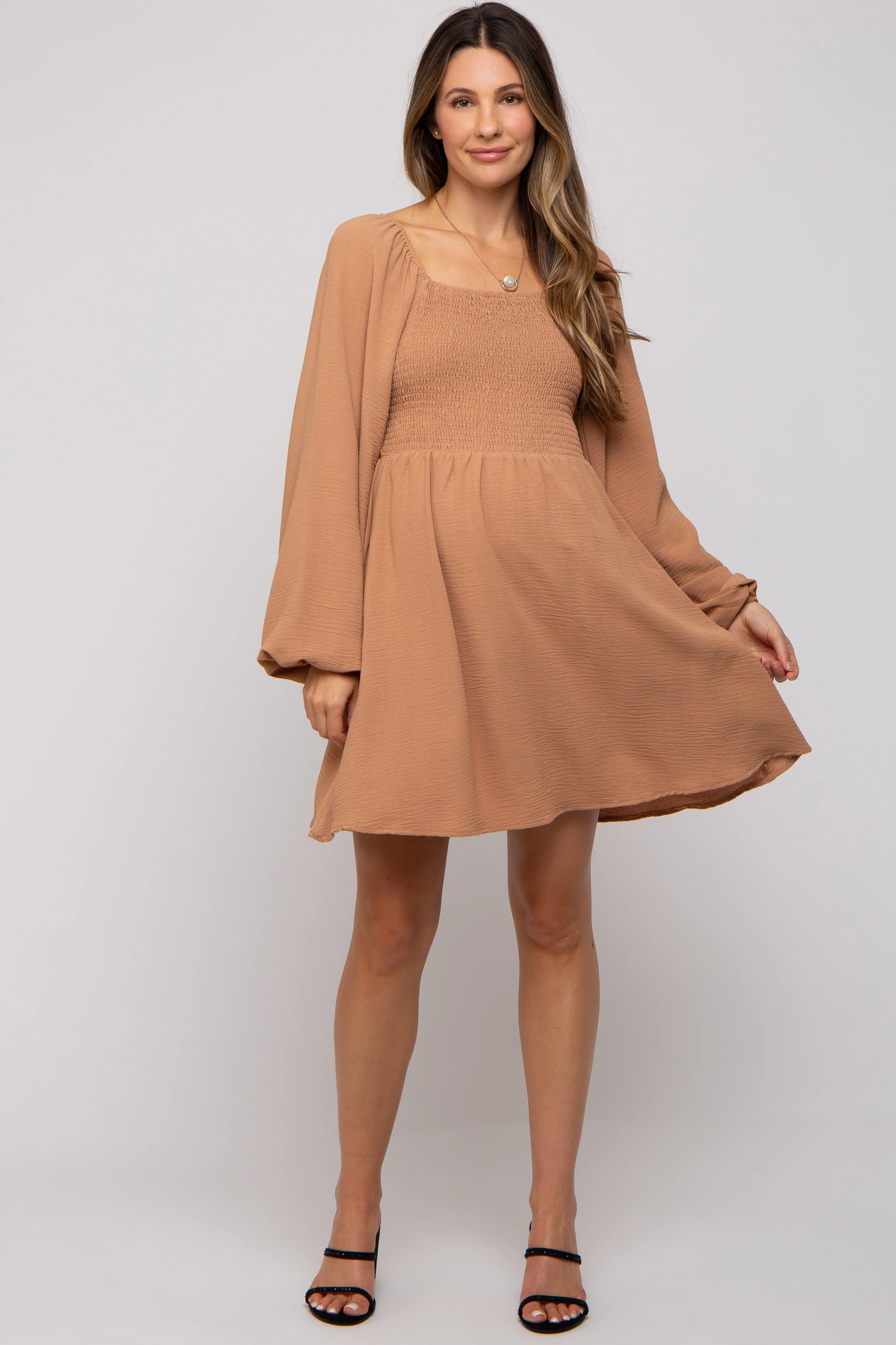 Camel Tie Back Smocked Long Sleeve Maternity Dress - Image 2