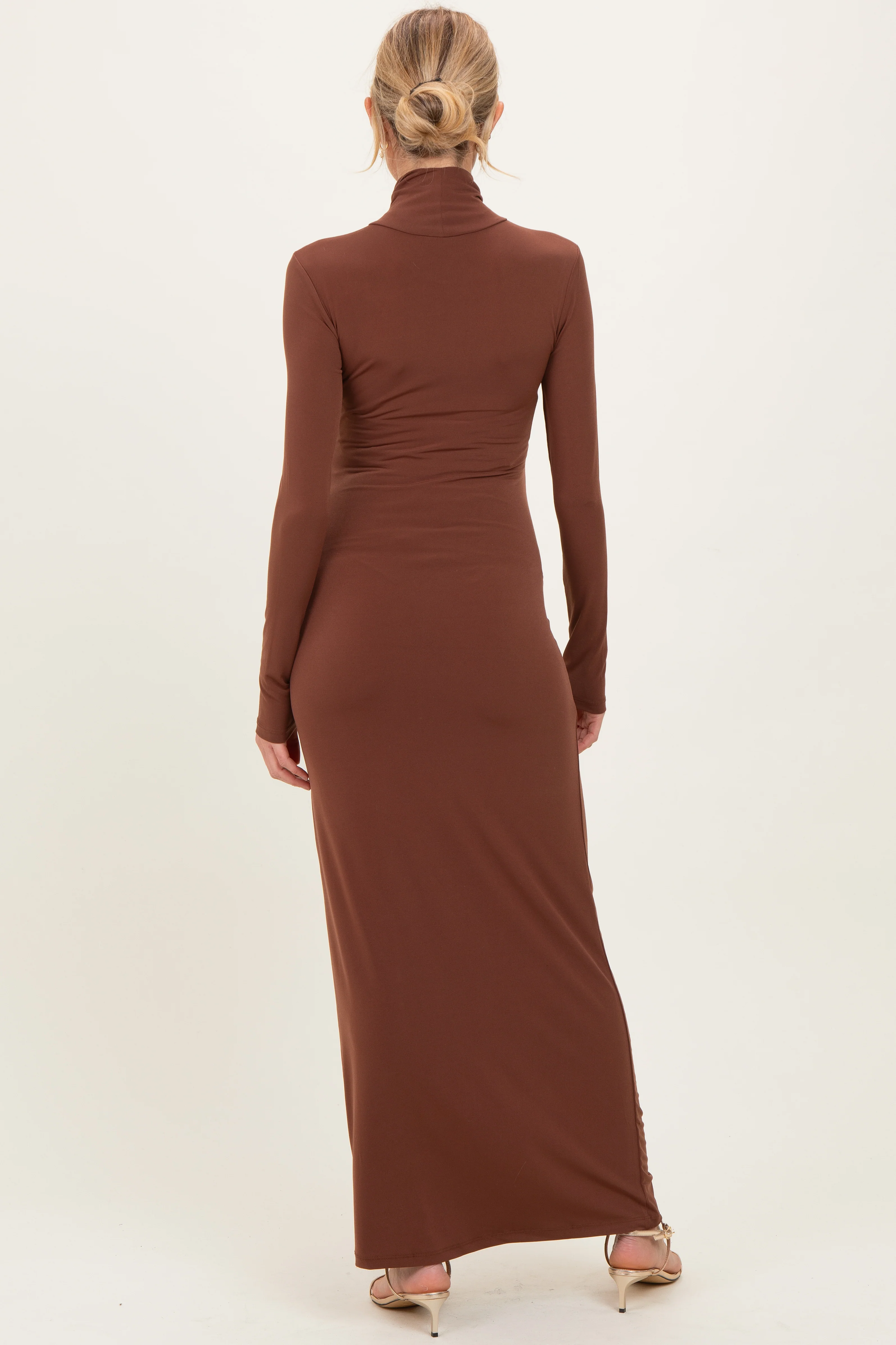 Camel Turtleneck Long Sleeve Maternity Maxi Dress - Image 3