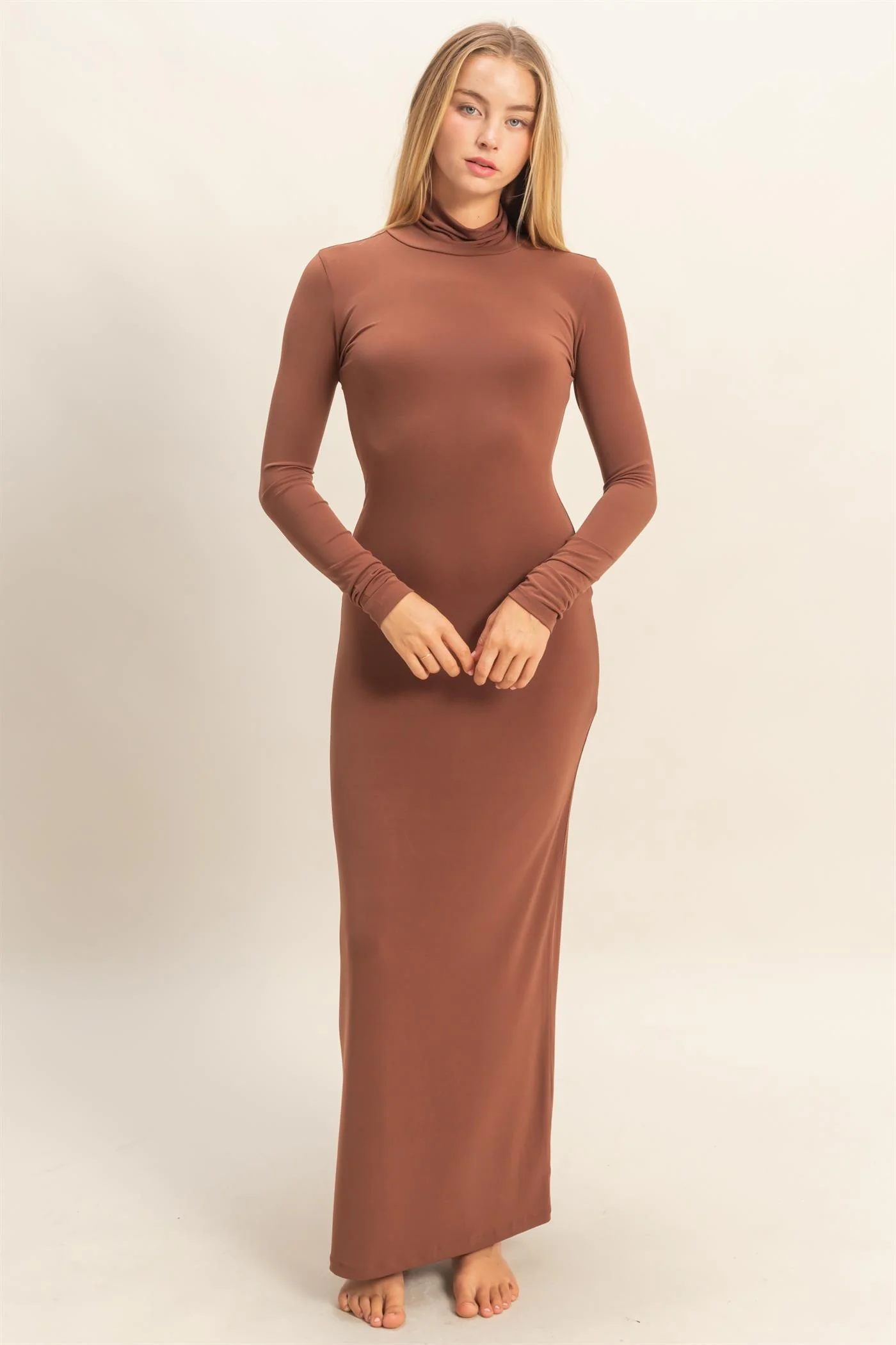 Camel Turtleneck Long Sleeve Maternity Maxi Dress - Image 4
