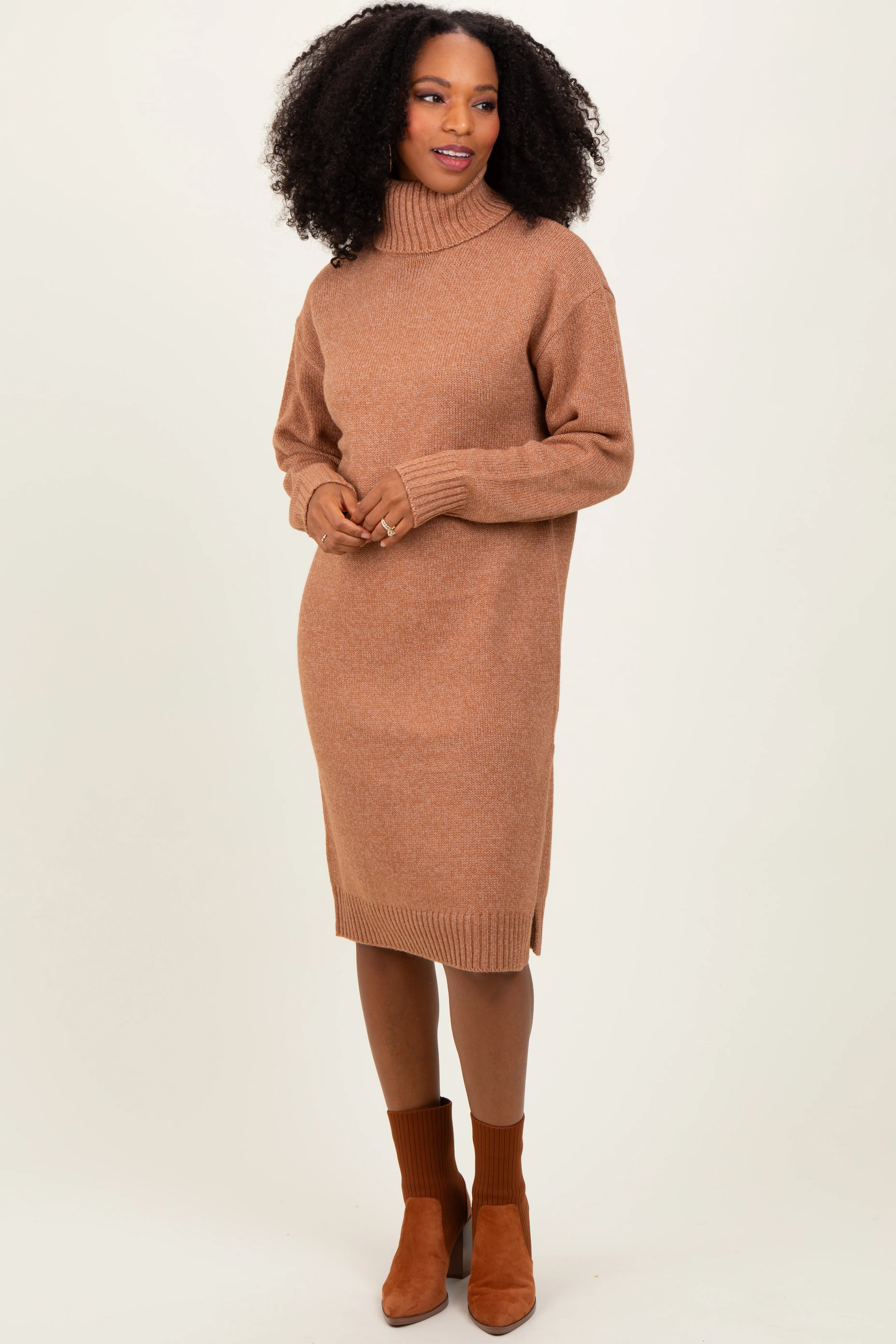 Camel Turtleneck Side Slit Maternity Midi Sweater Dress - Image 4