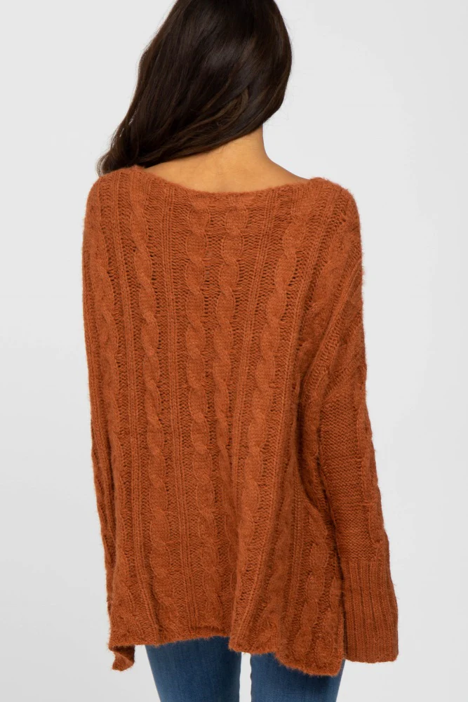 Camel V-Neck Side Slit Cable Knit Sweater - Image 3