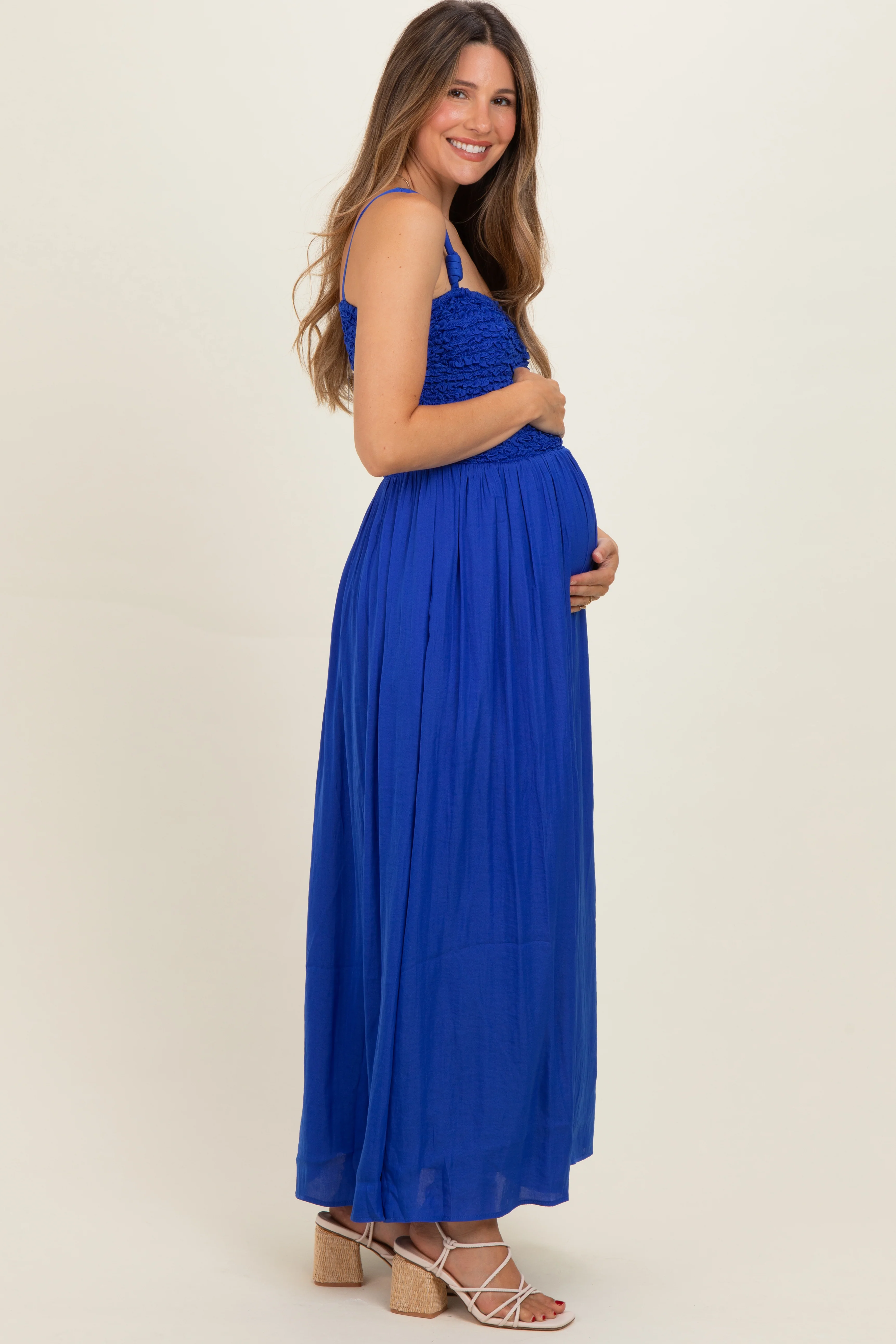 Capri Blue Textured Smocked Maternity Maxi Dress - Image 2