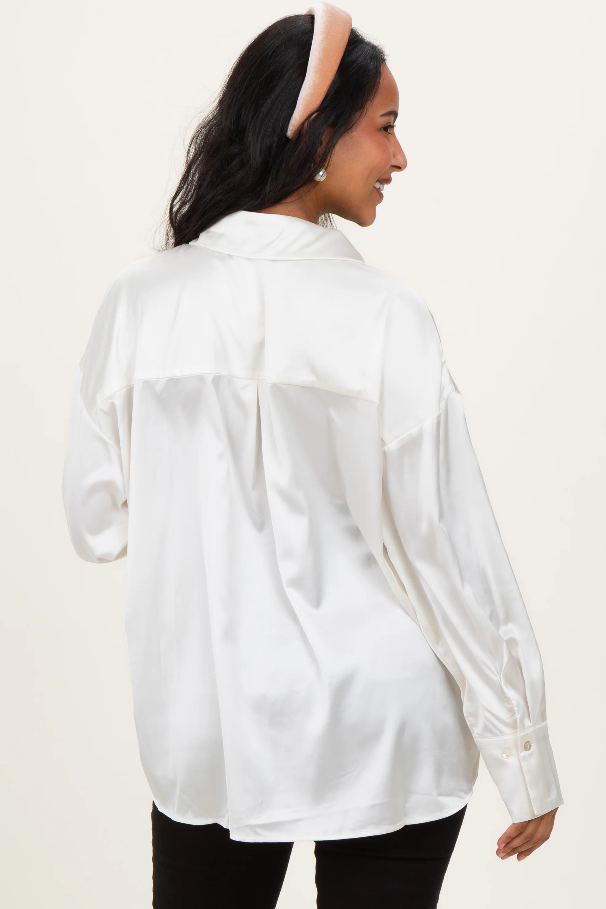 Champagne Ivory Satin Button Up Maternity Blouse - Image 3