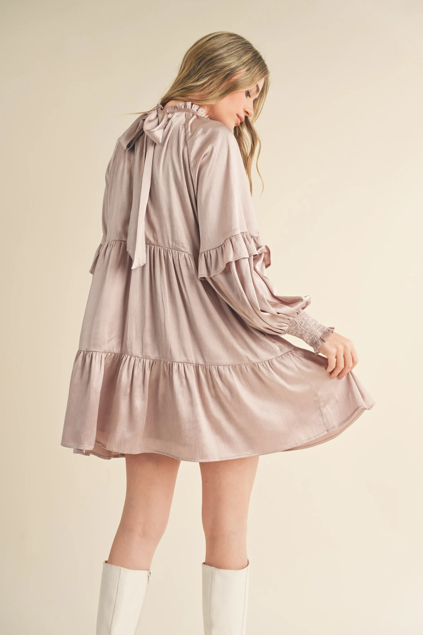 Champagne Mock Neck Tiered Mini Dress - Image 4