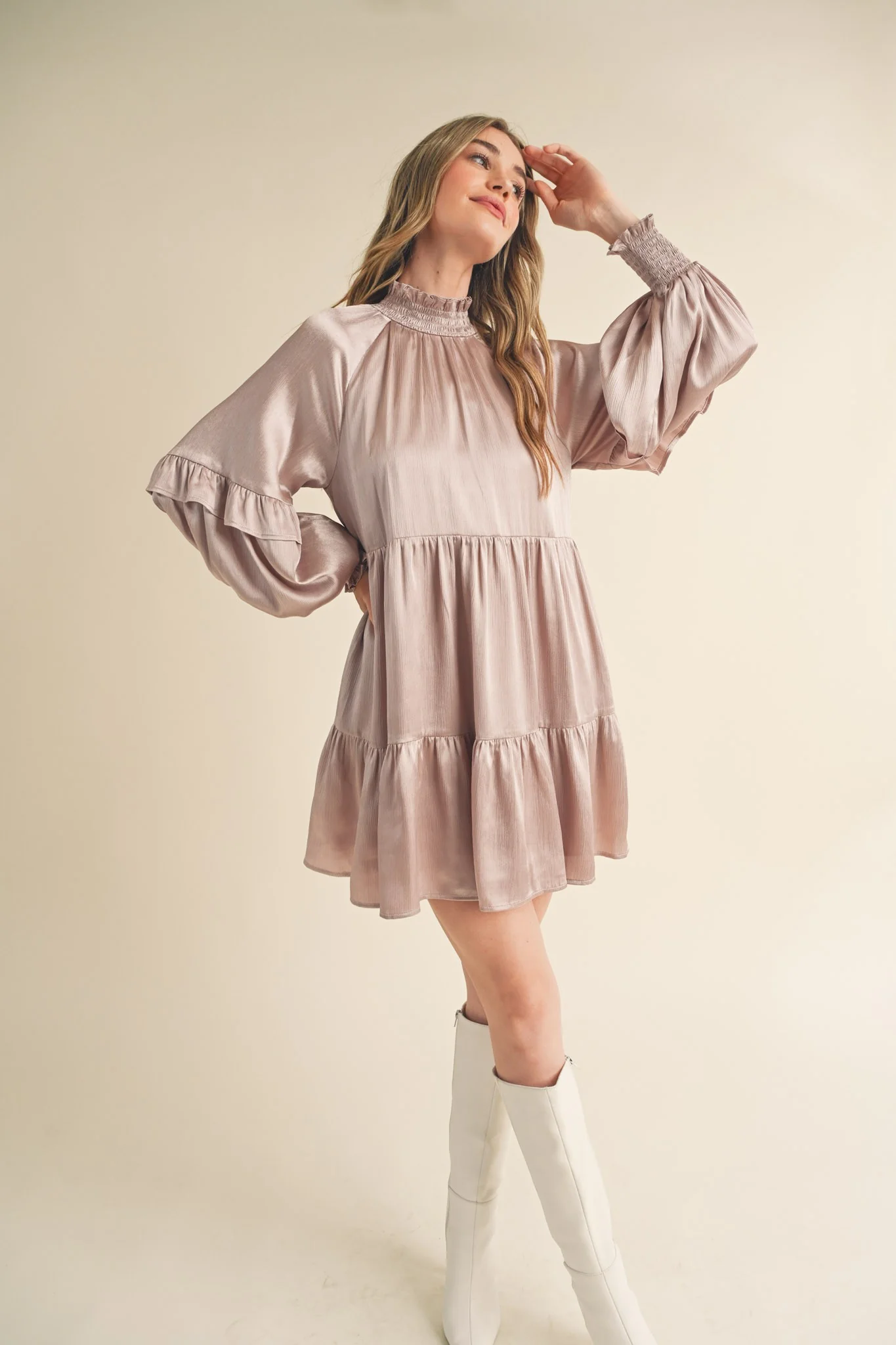 Champagne Mock Neck Tiered Mini Dress - Image 5