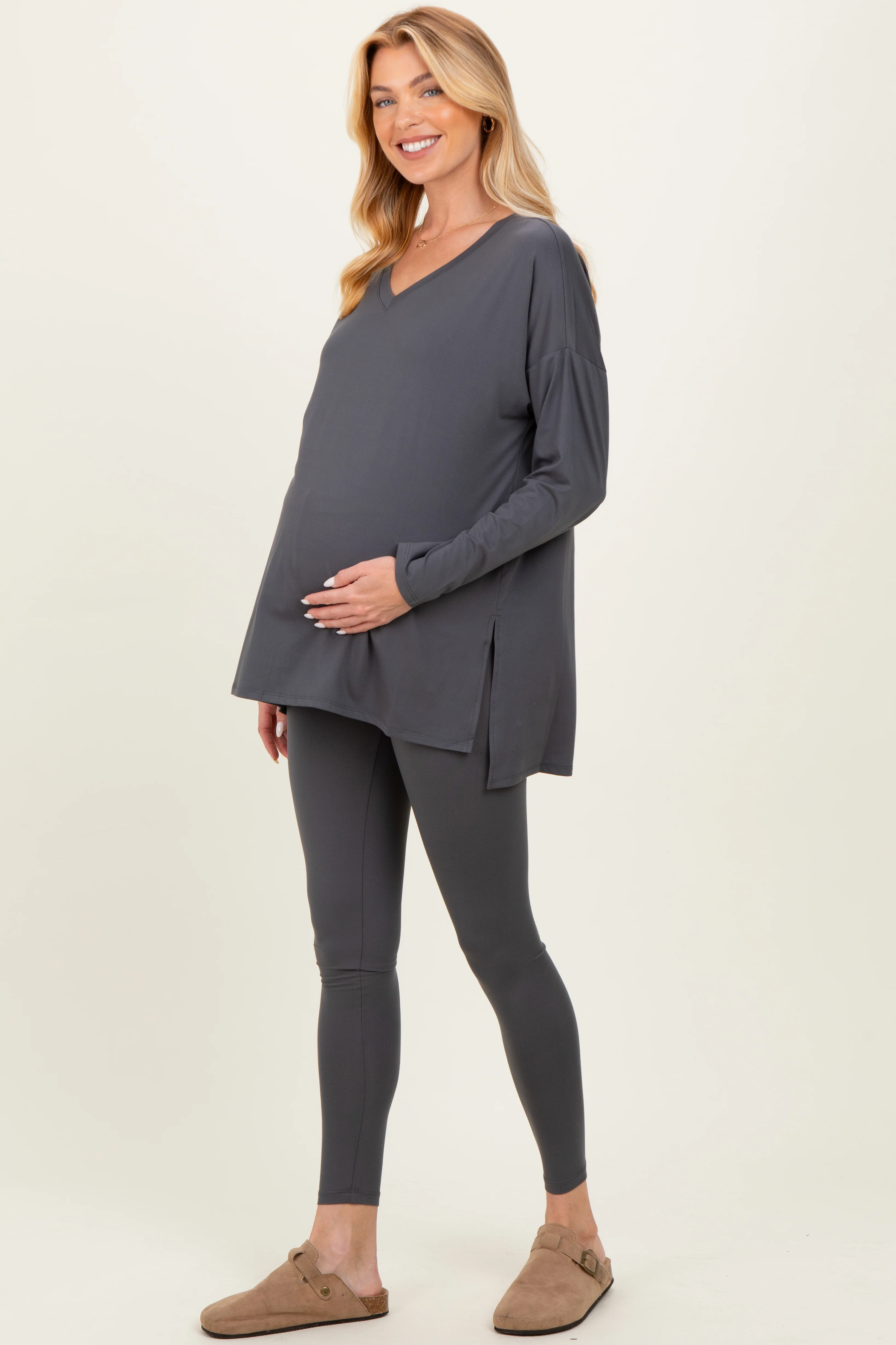 Charcoal Brushed Knit Maternity Oversized Top and Legging Set - Image 3