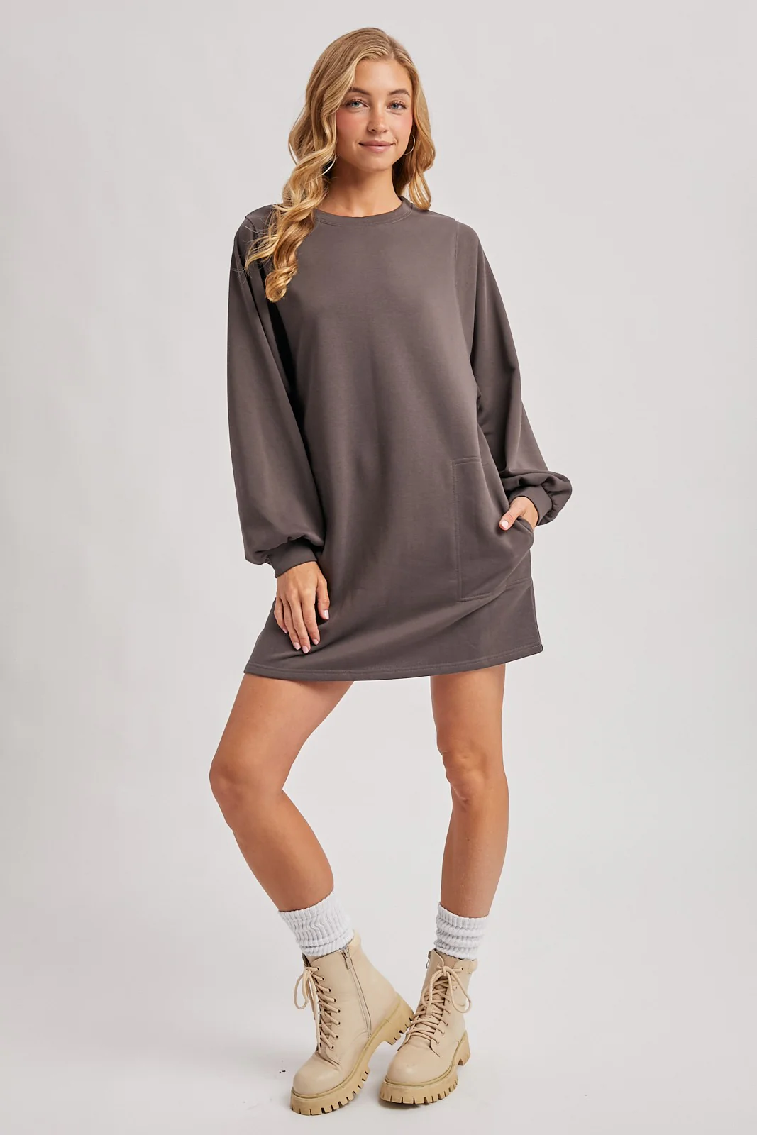Charcoal Bubble Sleeve Sweatshirt Mini Dress - Image 6