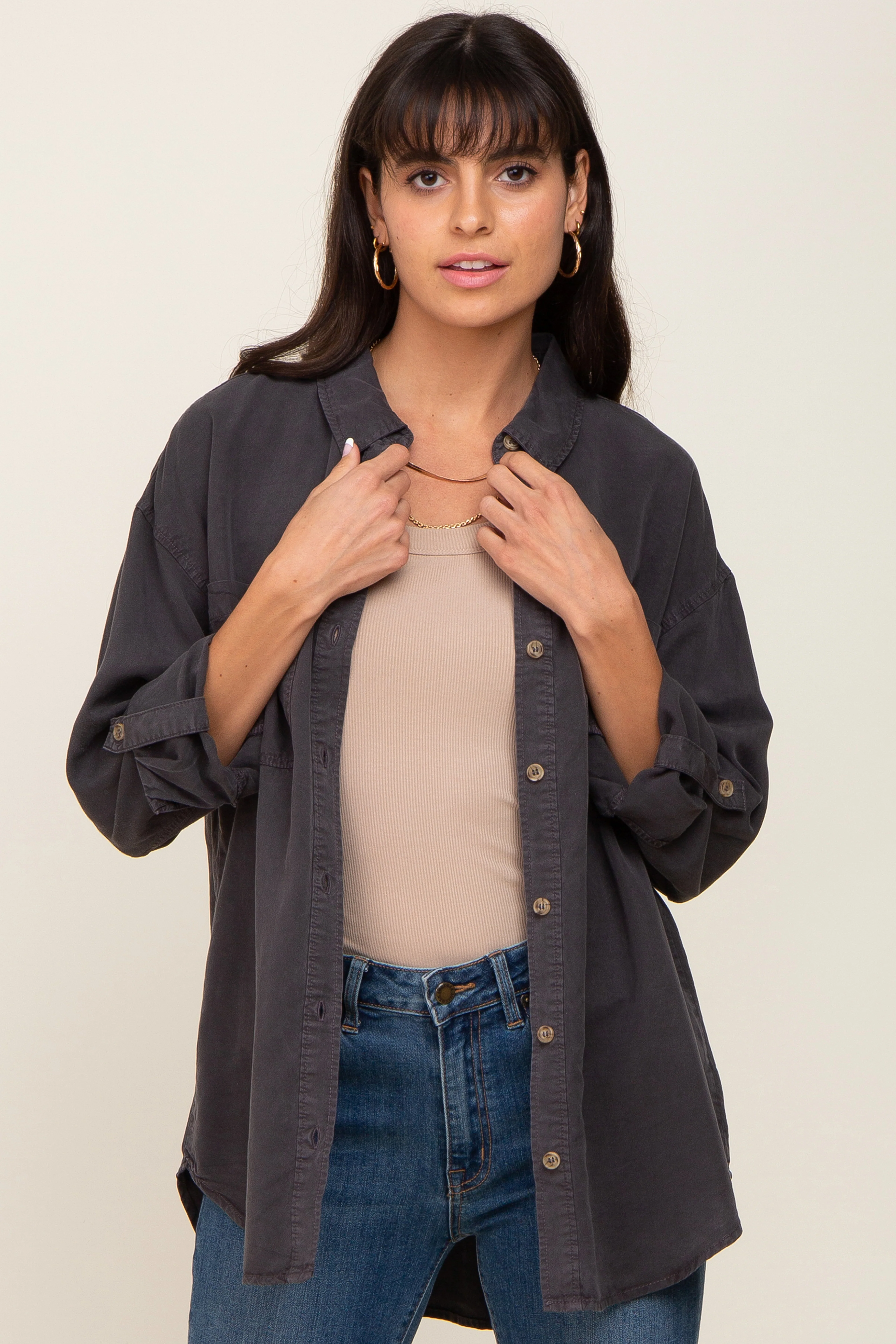 Charcoal Button Down Maternity Top - Image 5