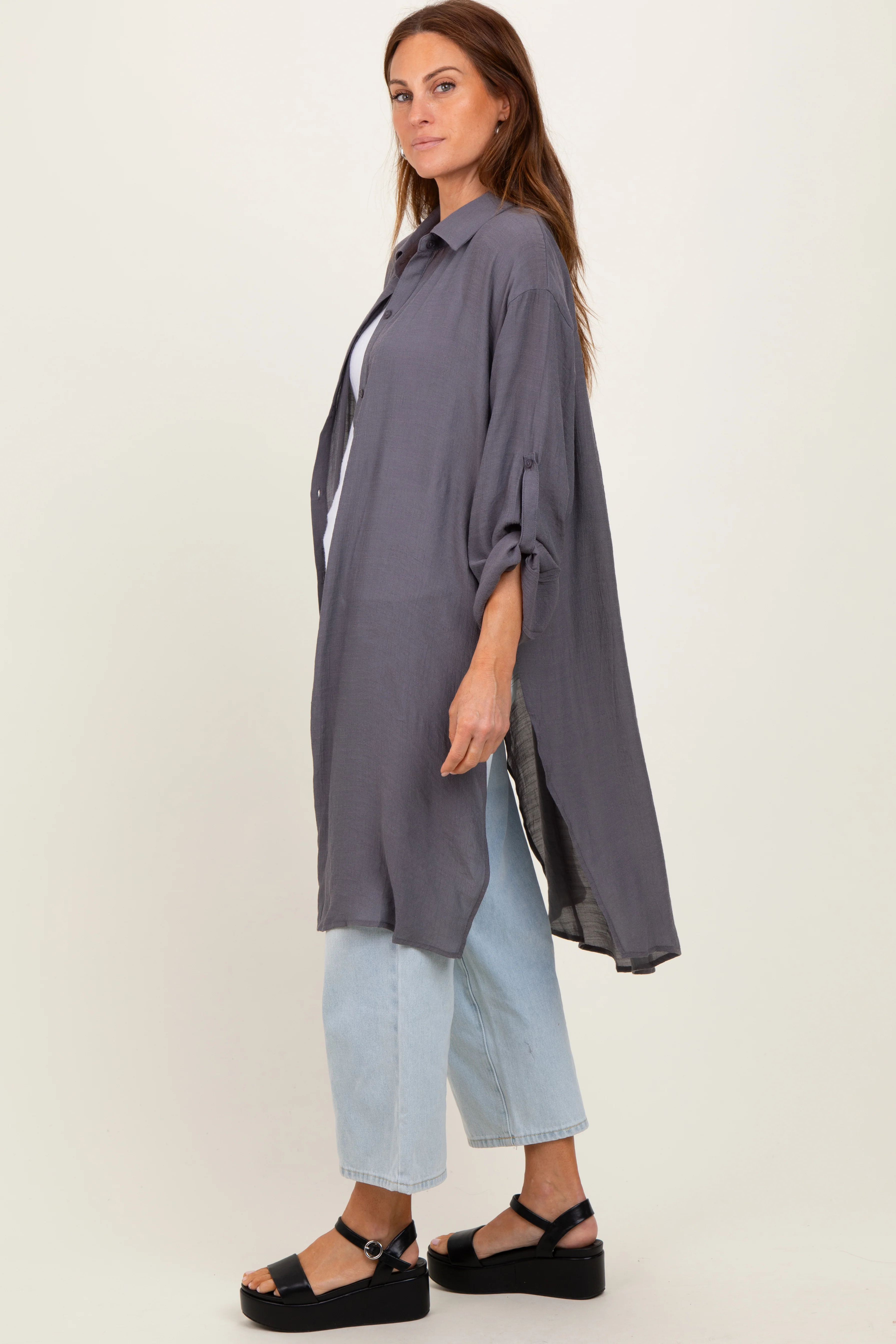 Charcoal Button Front Side Slit Oversized Blouse - Image 3