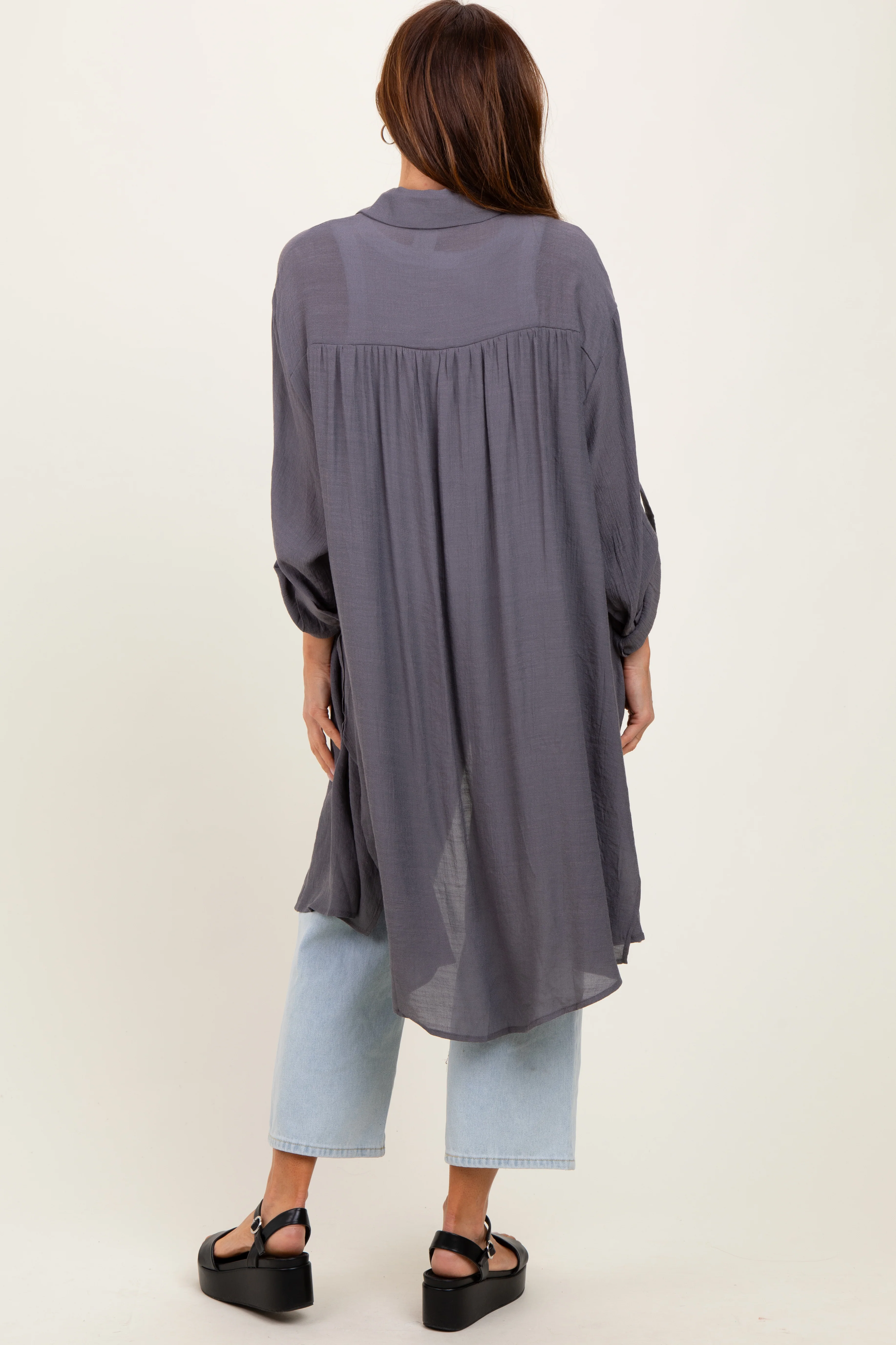 Charcoal Button Front Side Slit Oversized Blouse - Image 4