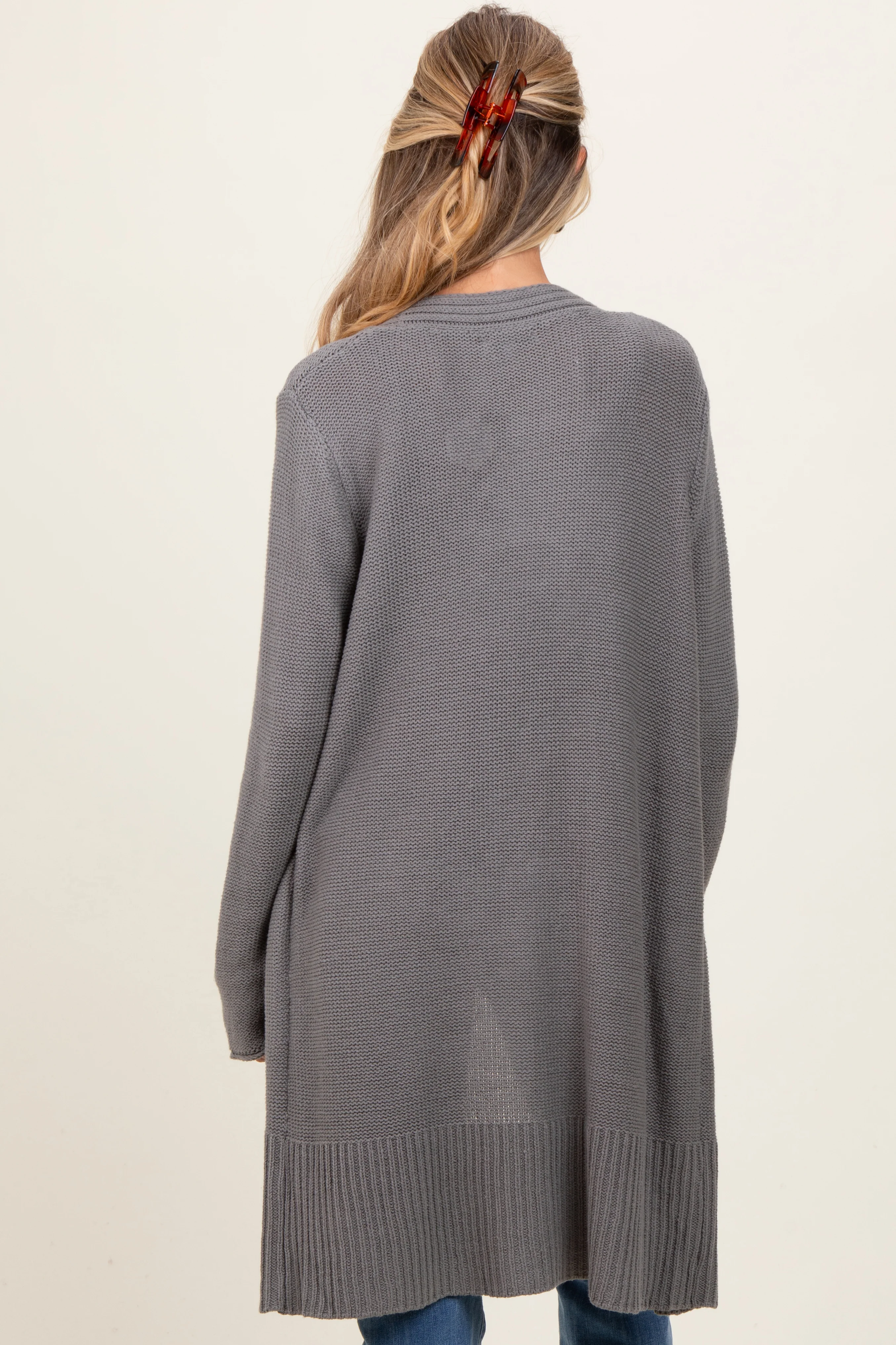 Charcoal Contrast Rib Long Maternity Open Cardigan - Image 4