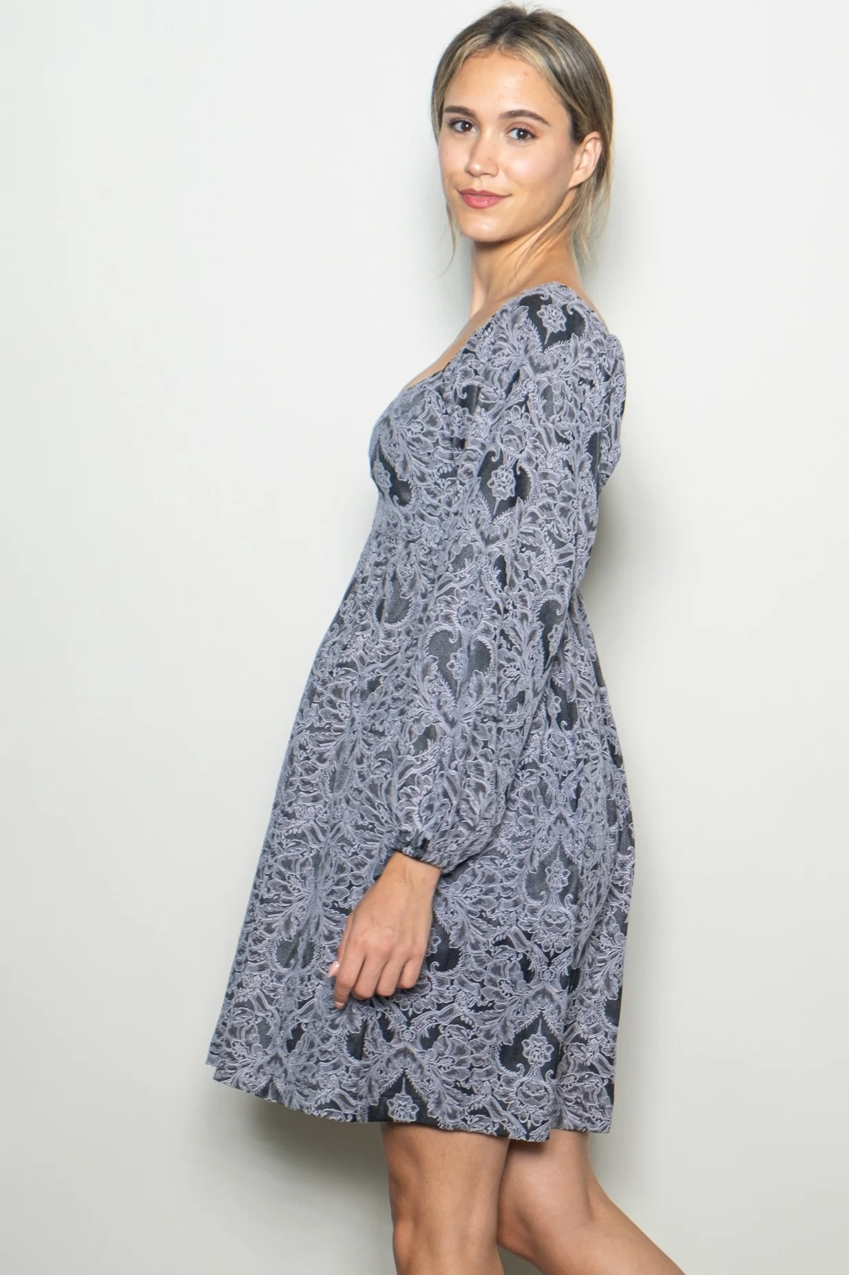 Charcoal Damask Jacquard Long Sleeve Dress - Image 3