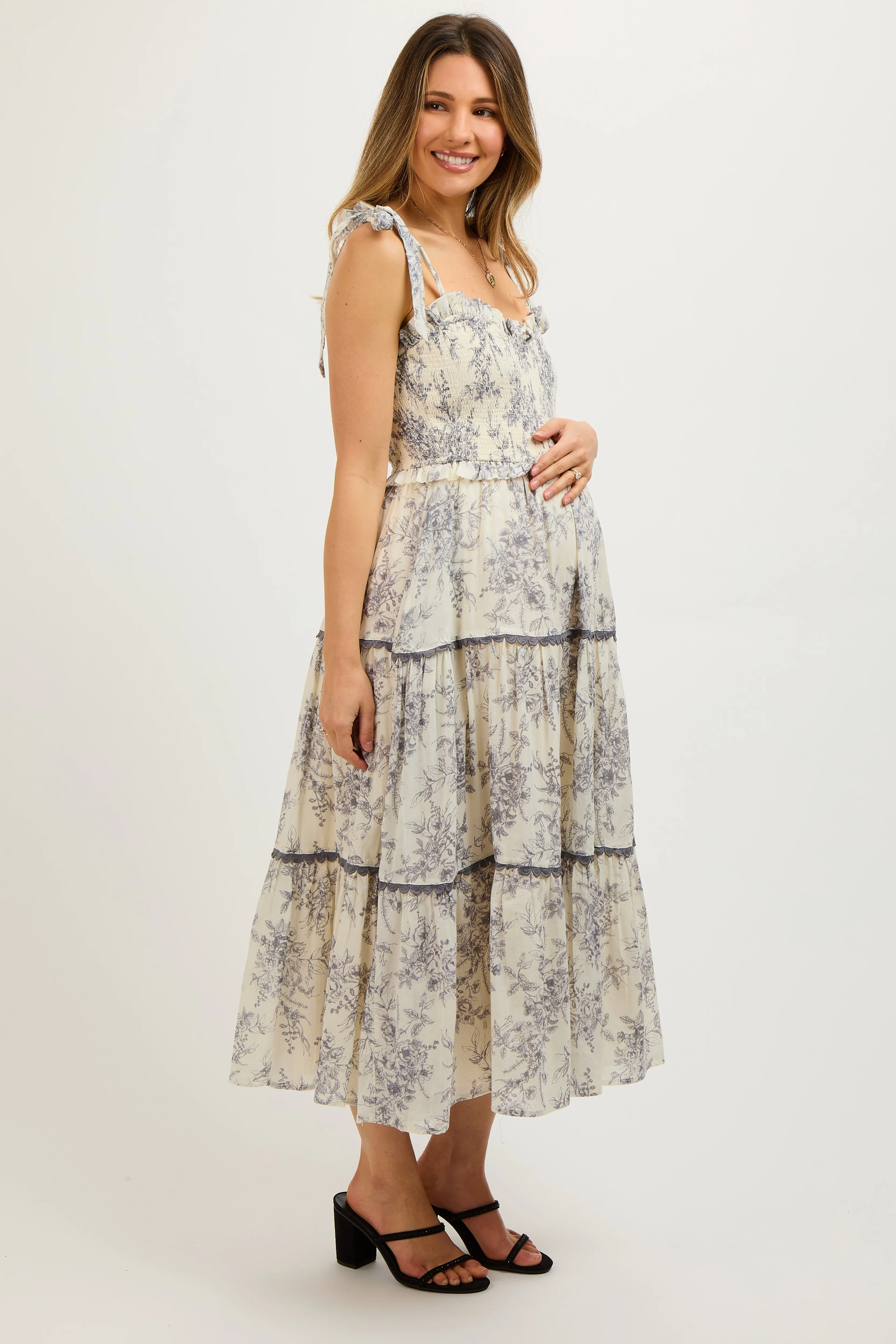 Charcoal Floral Sleeveless Ruffle Tiered Maternity Midi Dress - Image 4