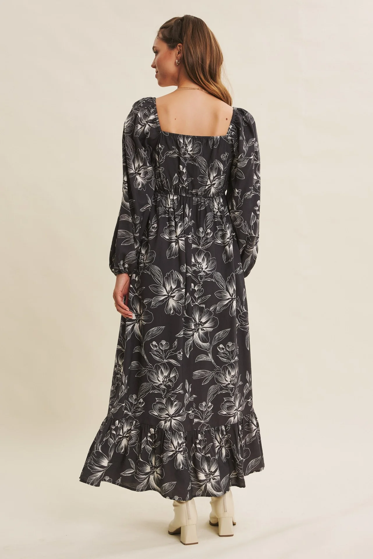 Charcoal Floral Smocked Long Sleeve Maxi Dress - Image 3
