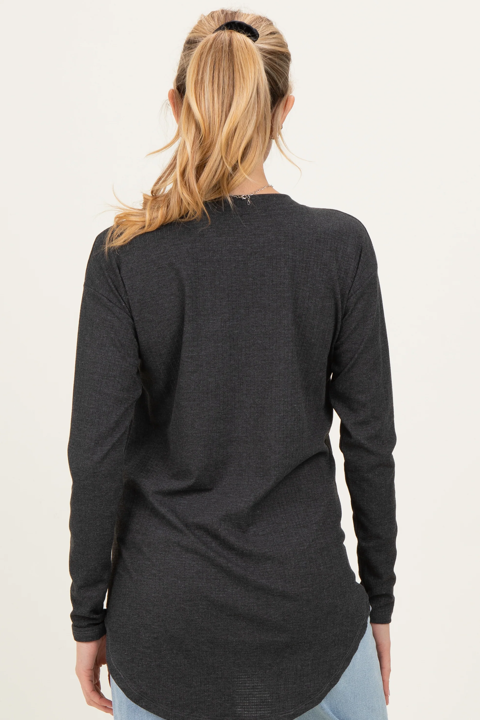 Charcoal Long Sleeve Round Hem Textured Maternity Top - Image 3