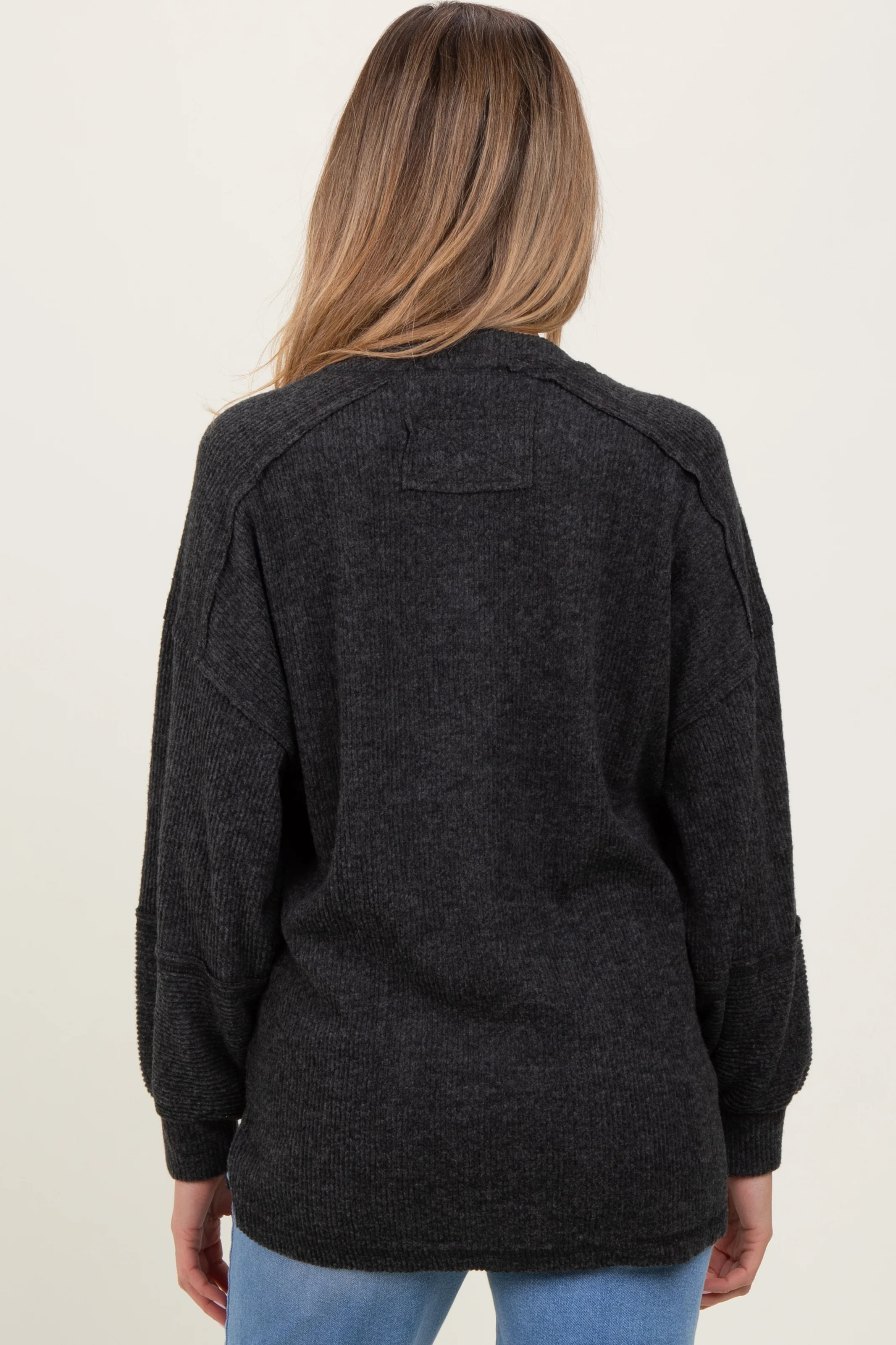Charcoal Oversized Ribbed Knit Henley Maternity Sweater - Image 4