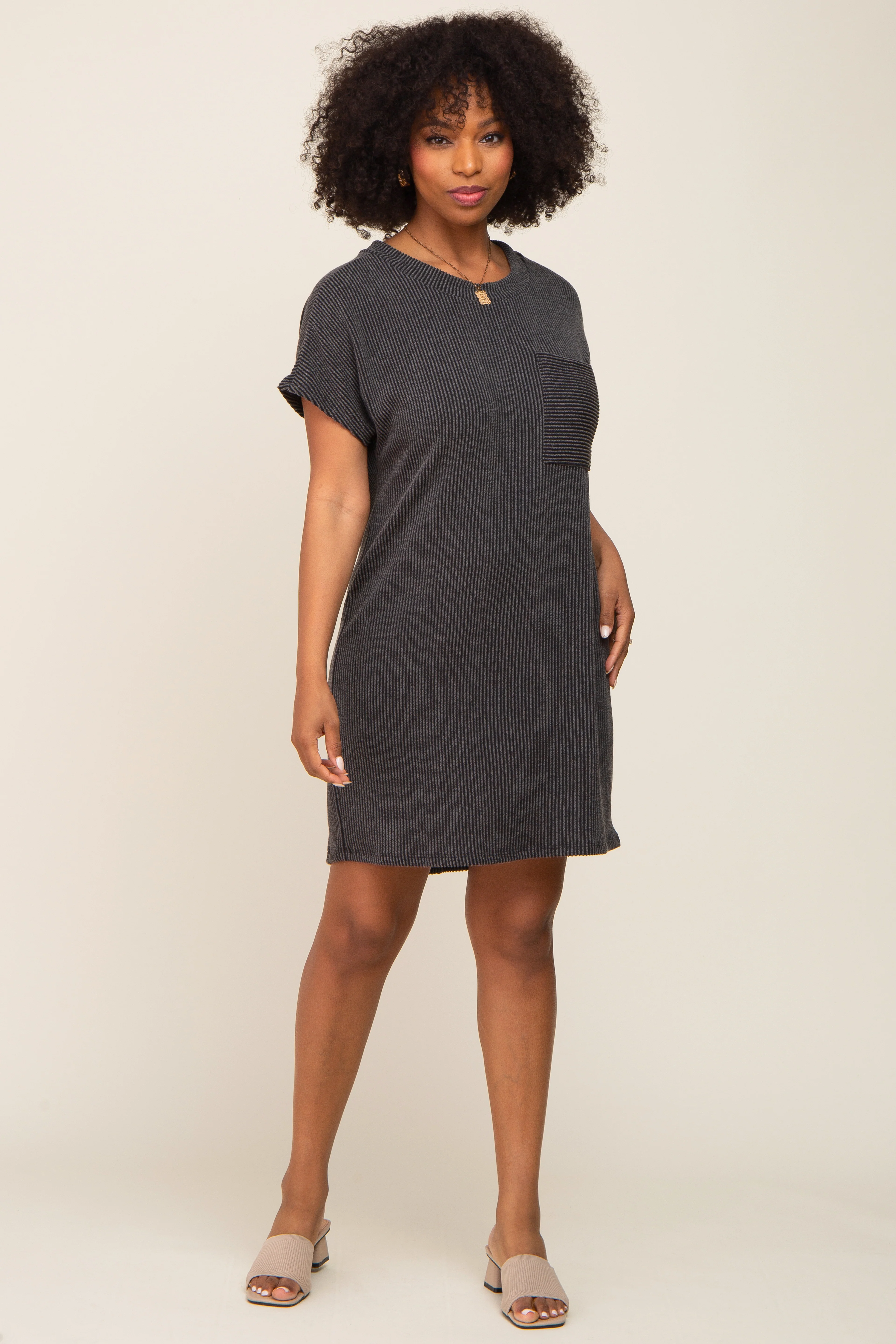 Charcoal Ribbed Front Pocket Dolman Short Sleeve Dress - Image 4