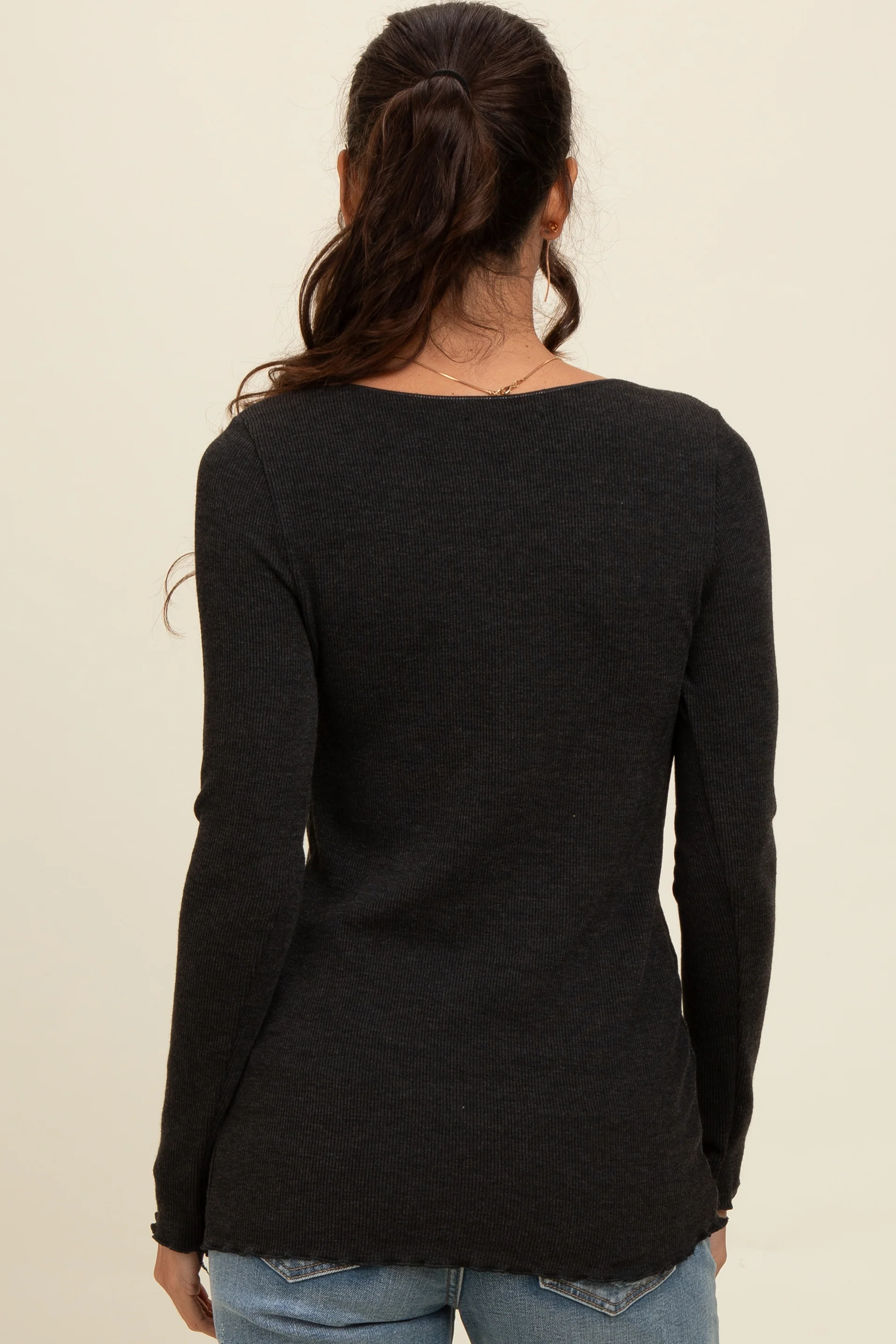 Charcoal Ribbed Knit Long Sleeve Lettuce Hem Top - Image 4