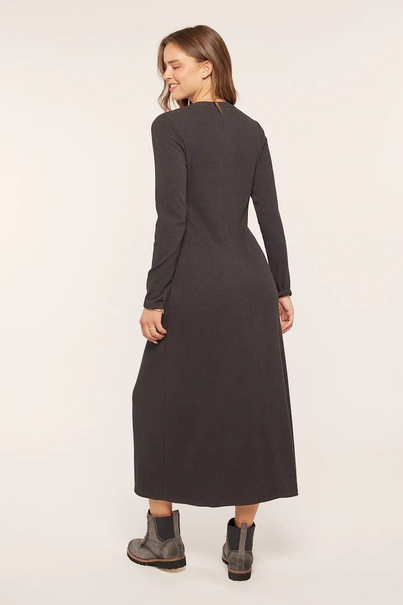 Charcoal Ribbed Knit Side Slit Midi Dress - Image 3