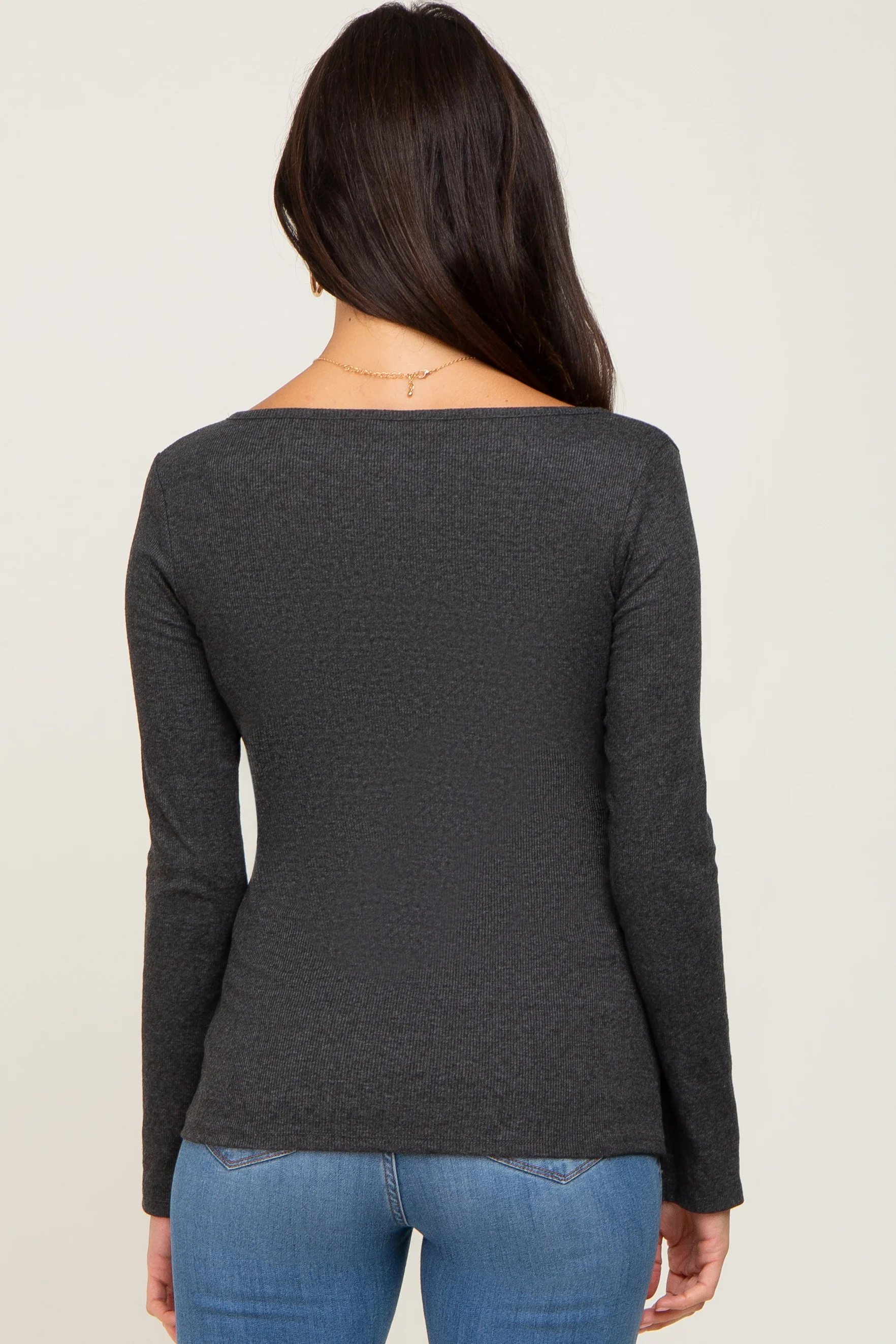 Charcoal Ribbed Long Sleeve Wrap Nursing Top - Image 3