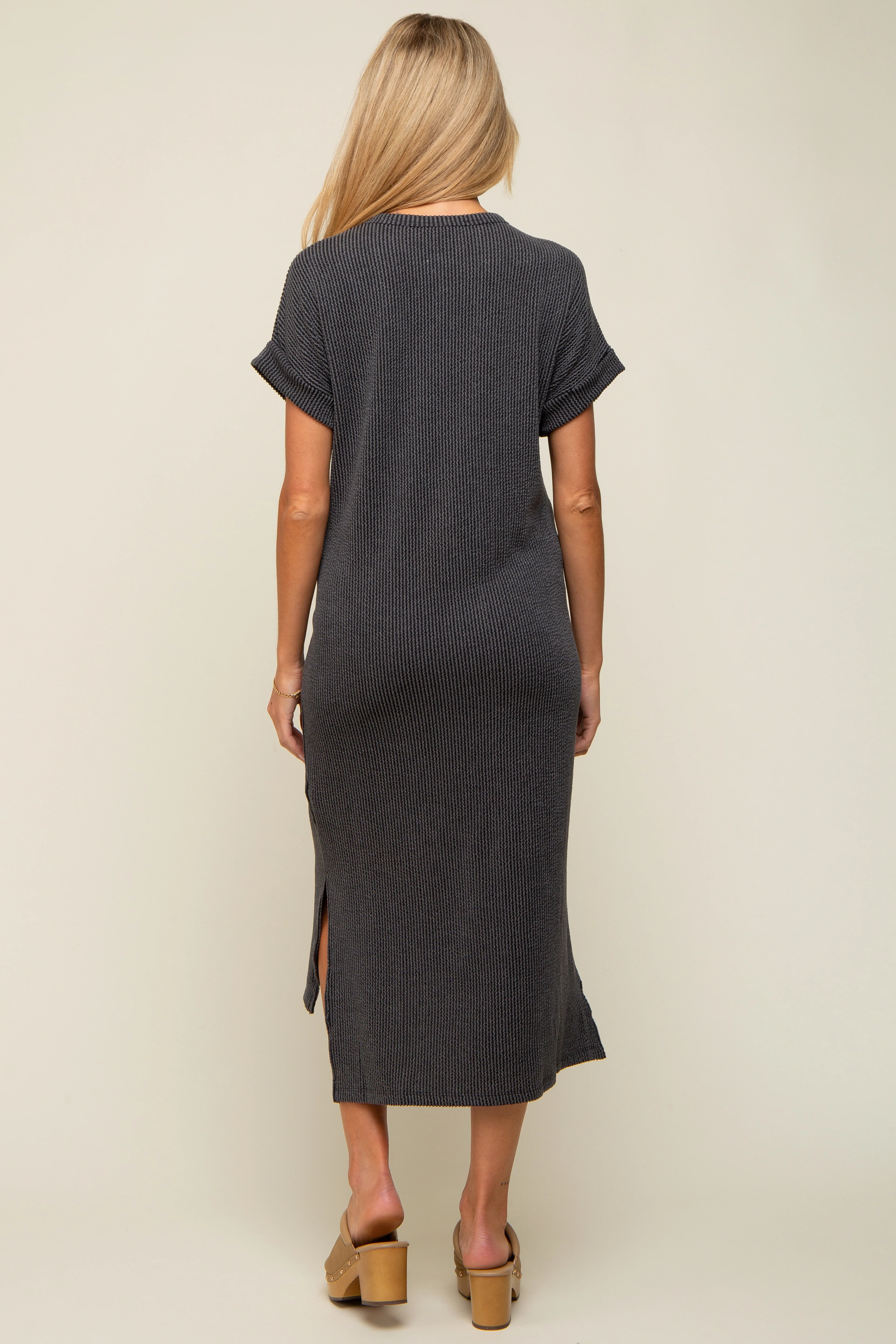 Charcoal Ribbed Short Sleeve Maternity Midi Dress - Image 3