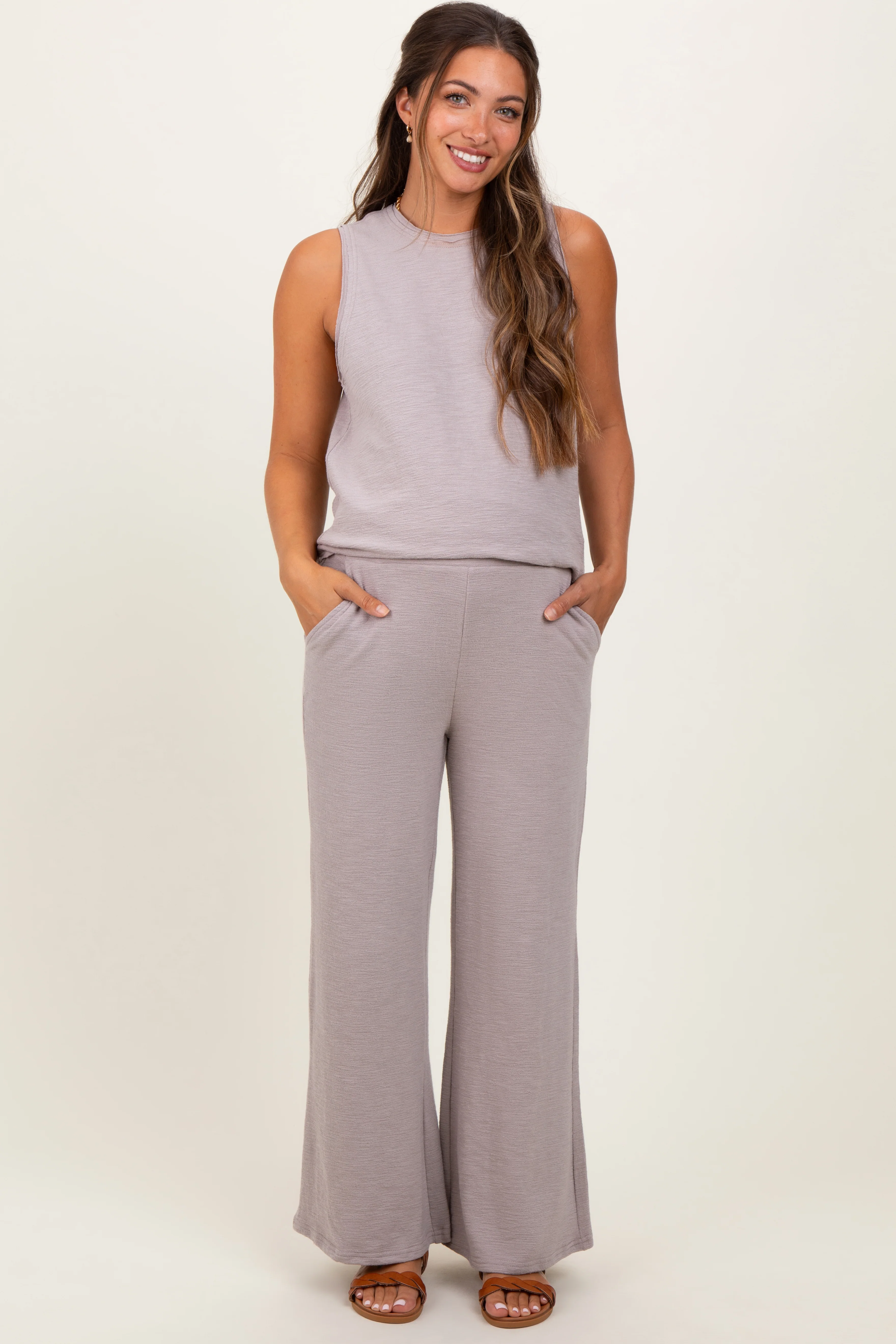 Charcoal Slub Knit Maternity Pants Set - Image 3