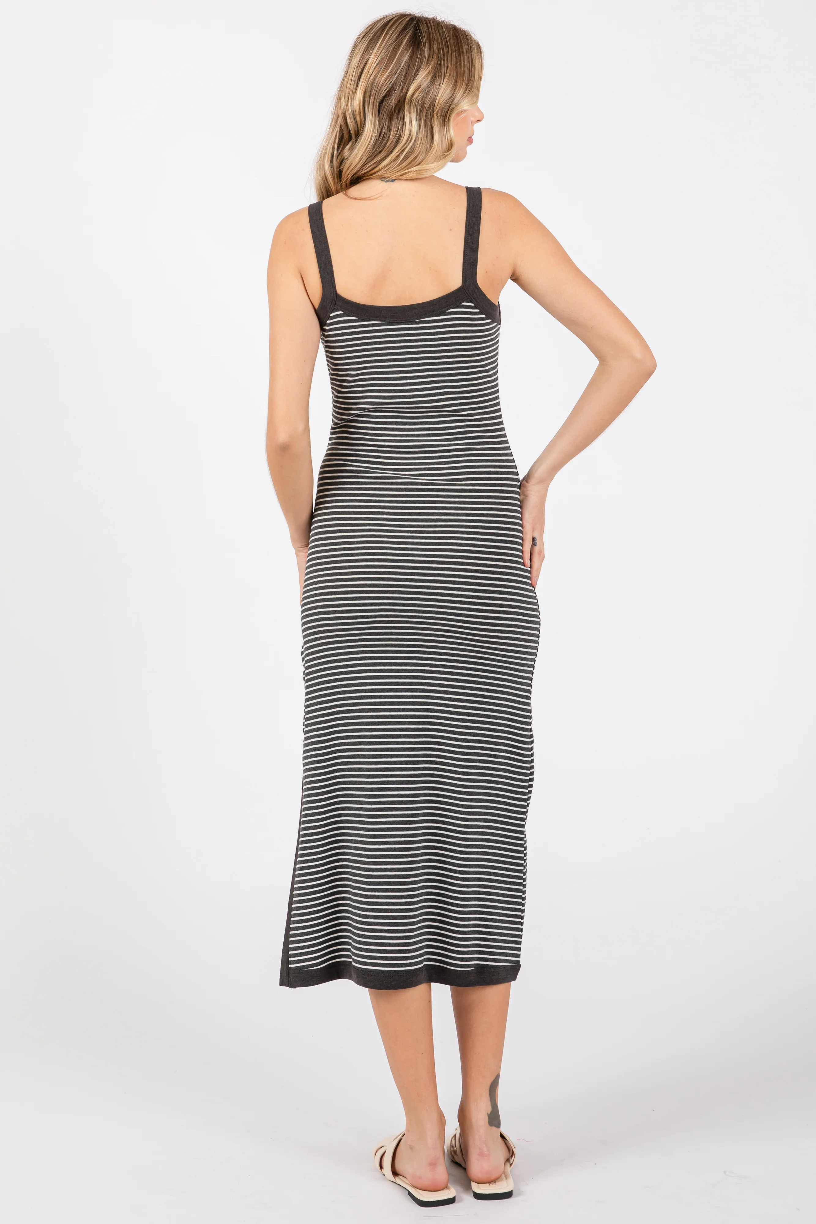 Charcoal Striped Sleeveless Fitted Side Slit Dress - Image 4