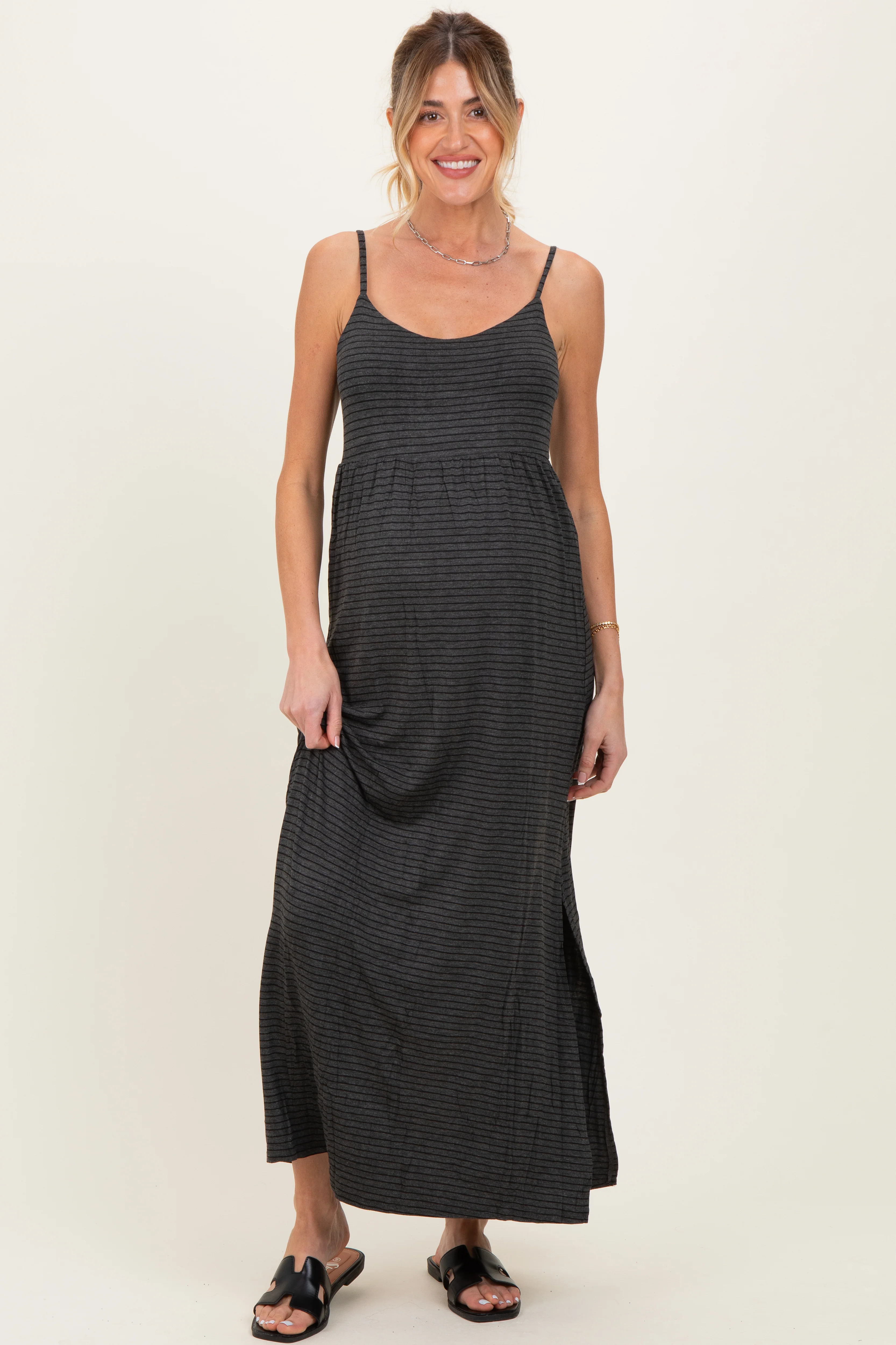 Charcoal Striped Sleeveless Maternity Maxi Dress - Image 2