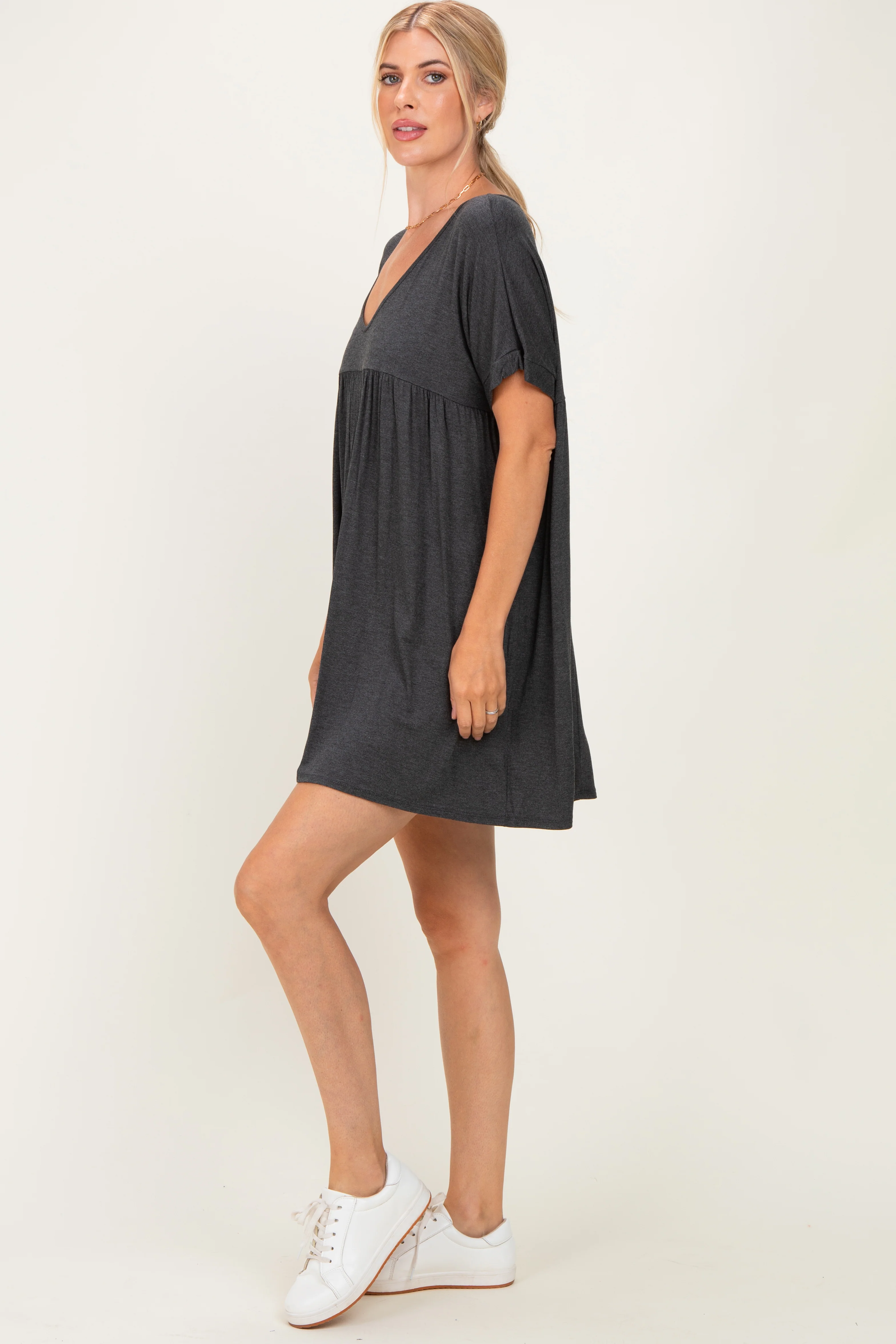 Charcoal V-Neck Basic Dress - Image 3