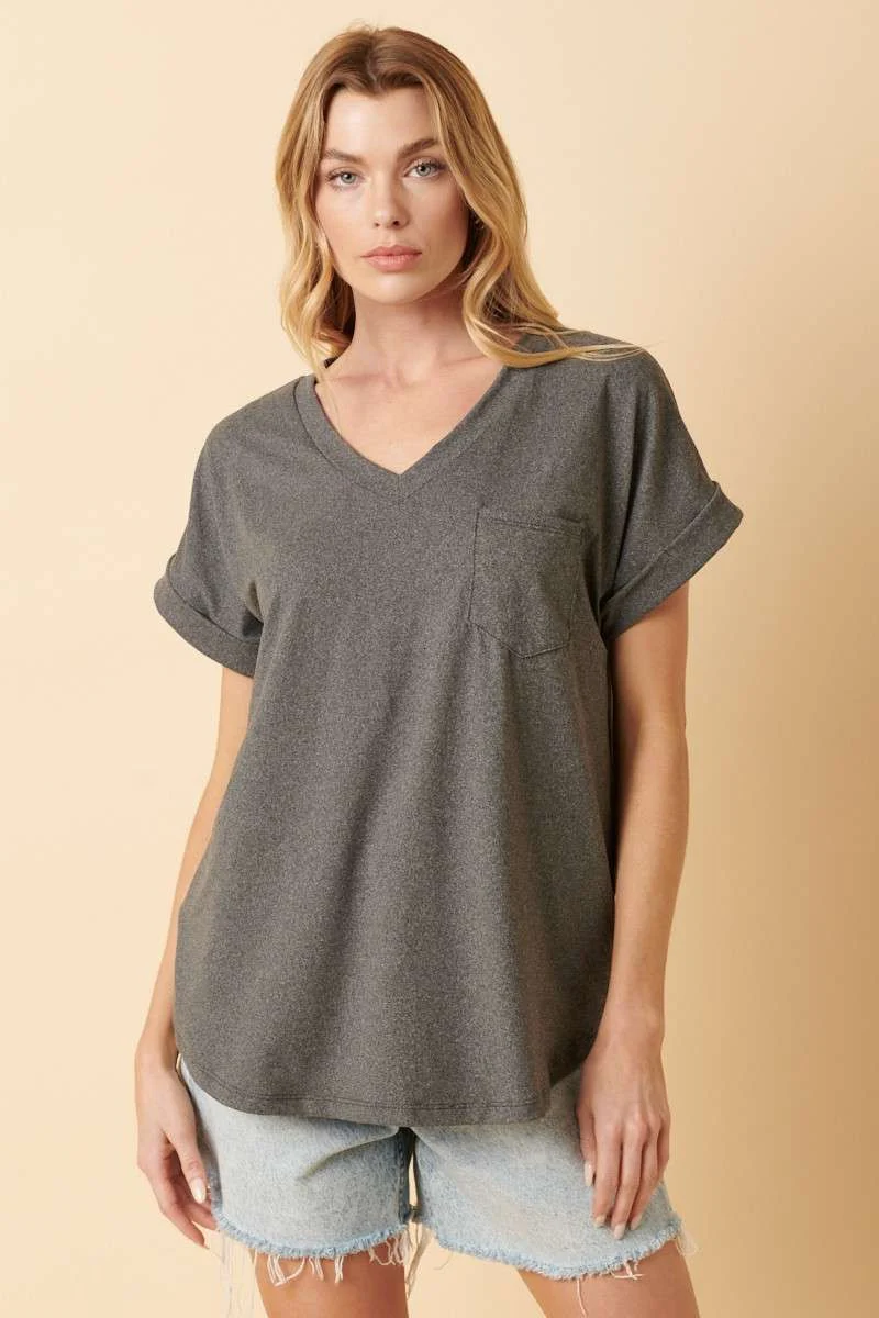 Charcoal V-Neck Pocket Short Sleeve Maternity Shirt - Image 5