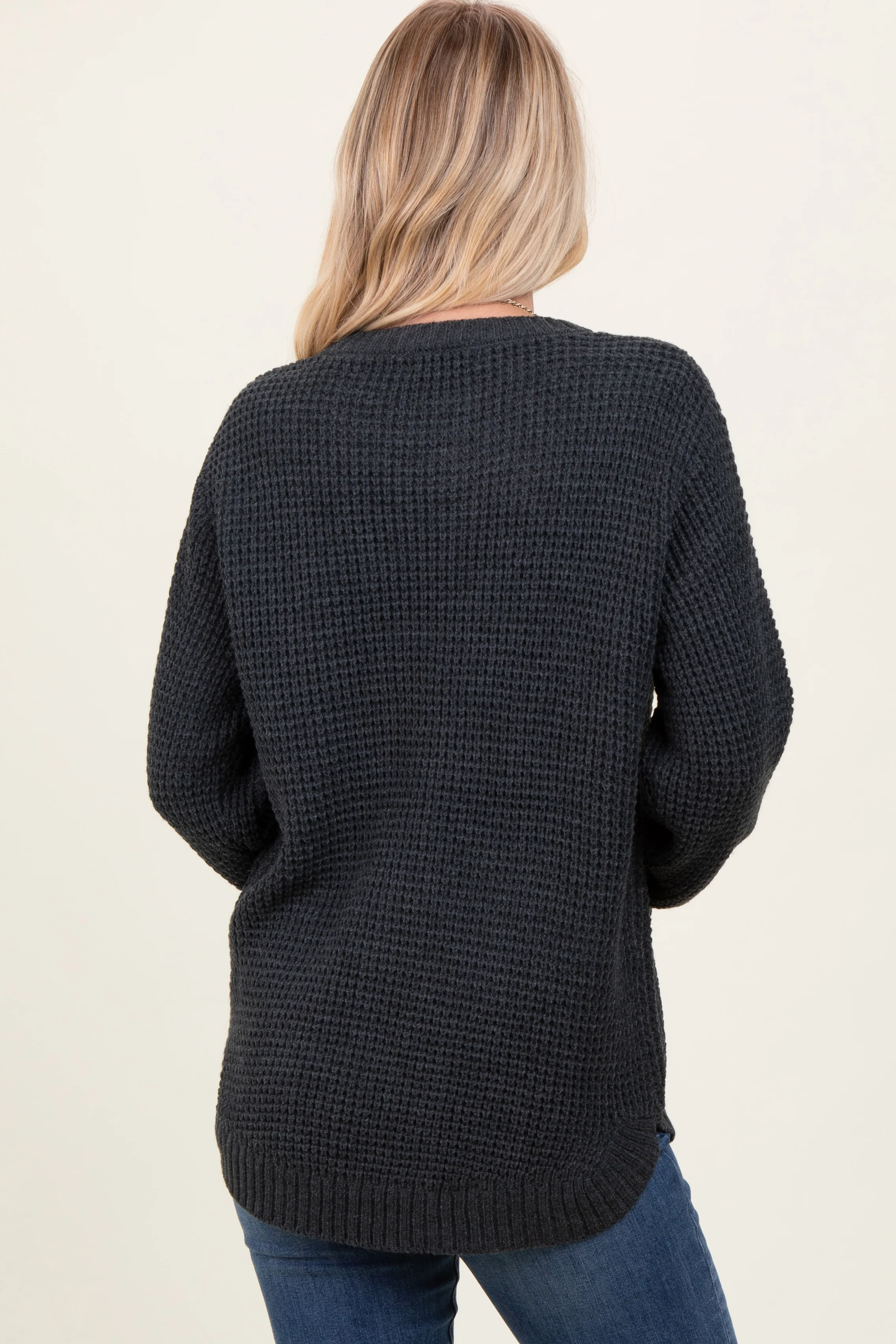 Charcoal Waffle Knit Rounded Hem Sweater - Image 3