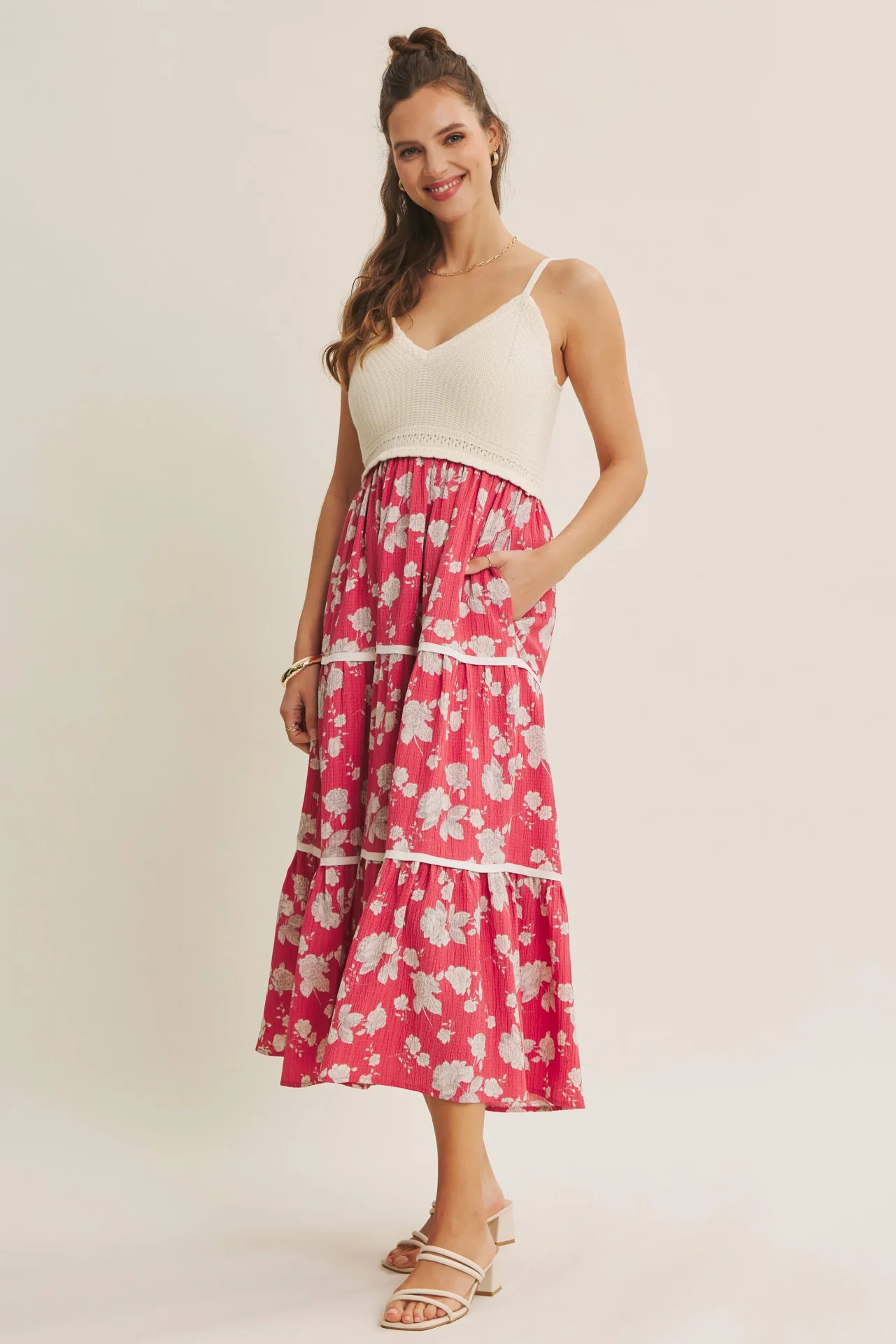 Cherry Red Floral Crochet Knit Top Floral Skirt Dress - Image 3