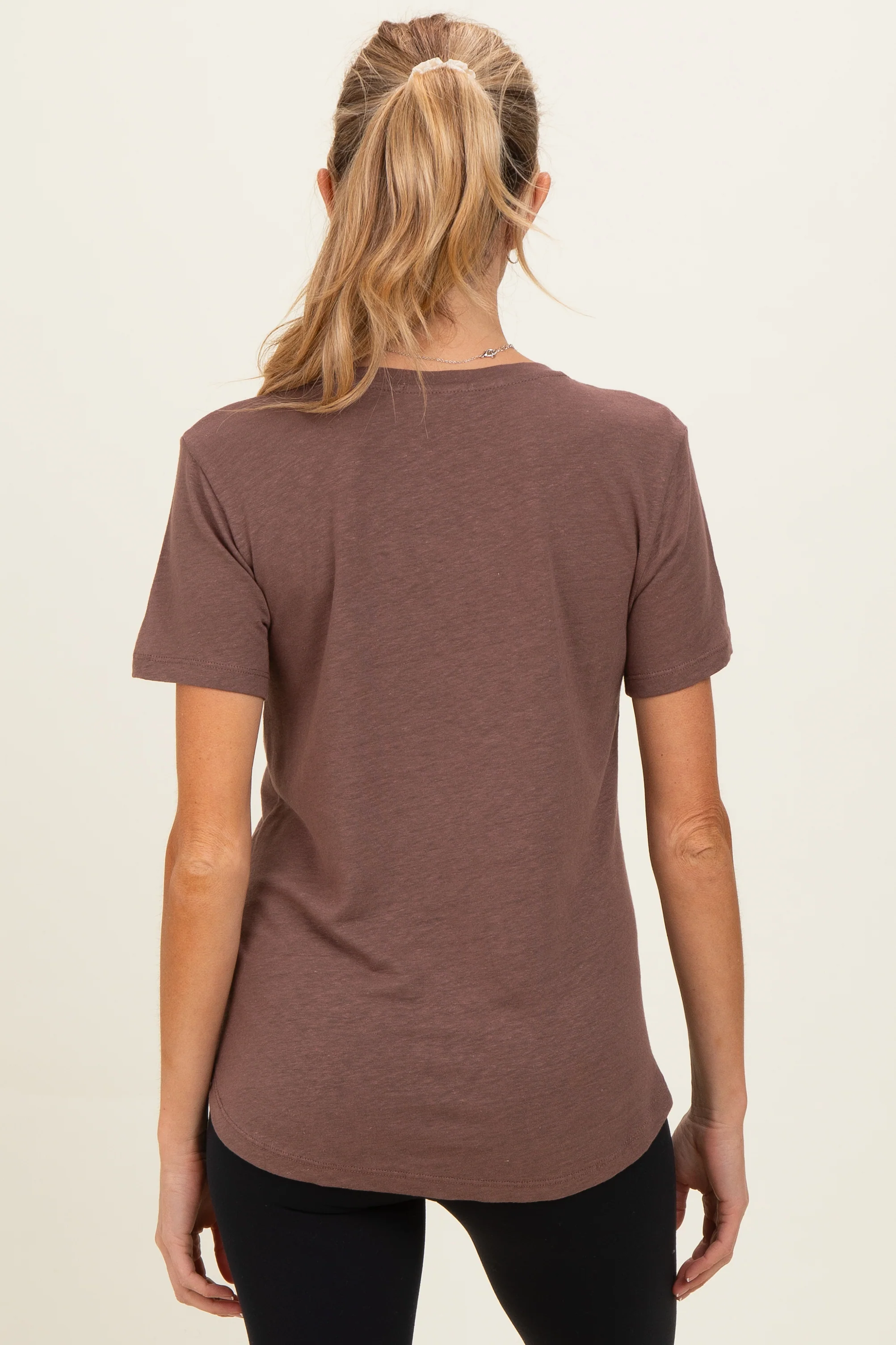 Choco Linen Blend V-Neck Short Sleeve Maternity T-Shirt - Image 4