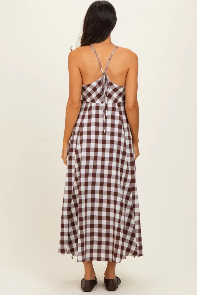 Chocolate Gingham Tie Front Racerback Midi Dress - Image 9