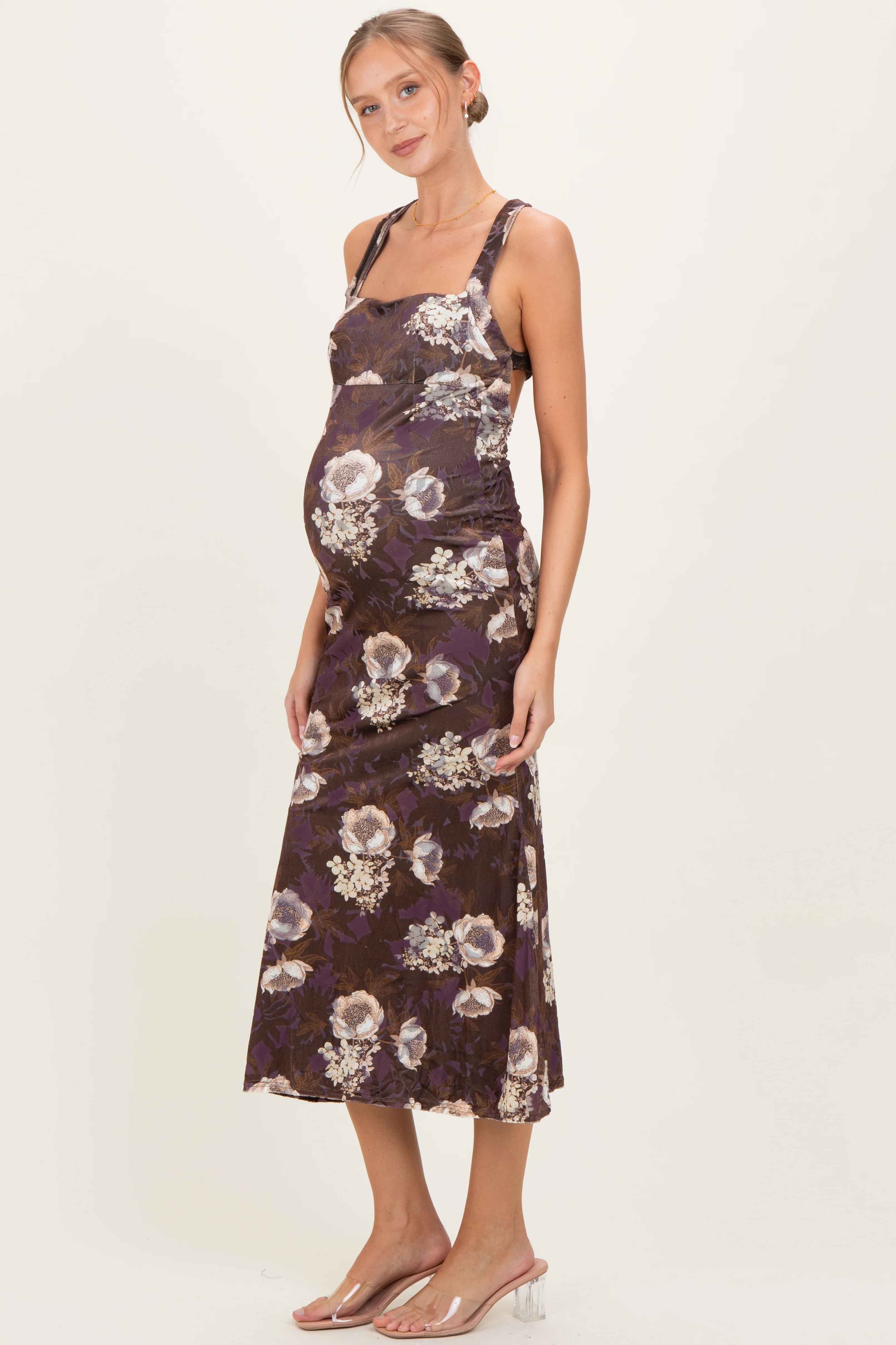 Chocolate Lace Up Back Maternity Midi Dress - Image 3