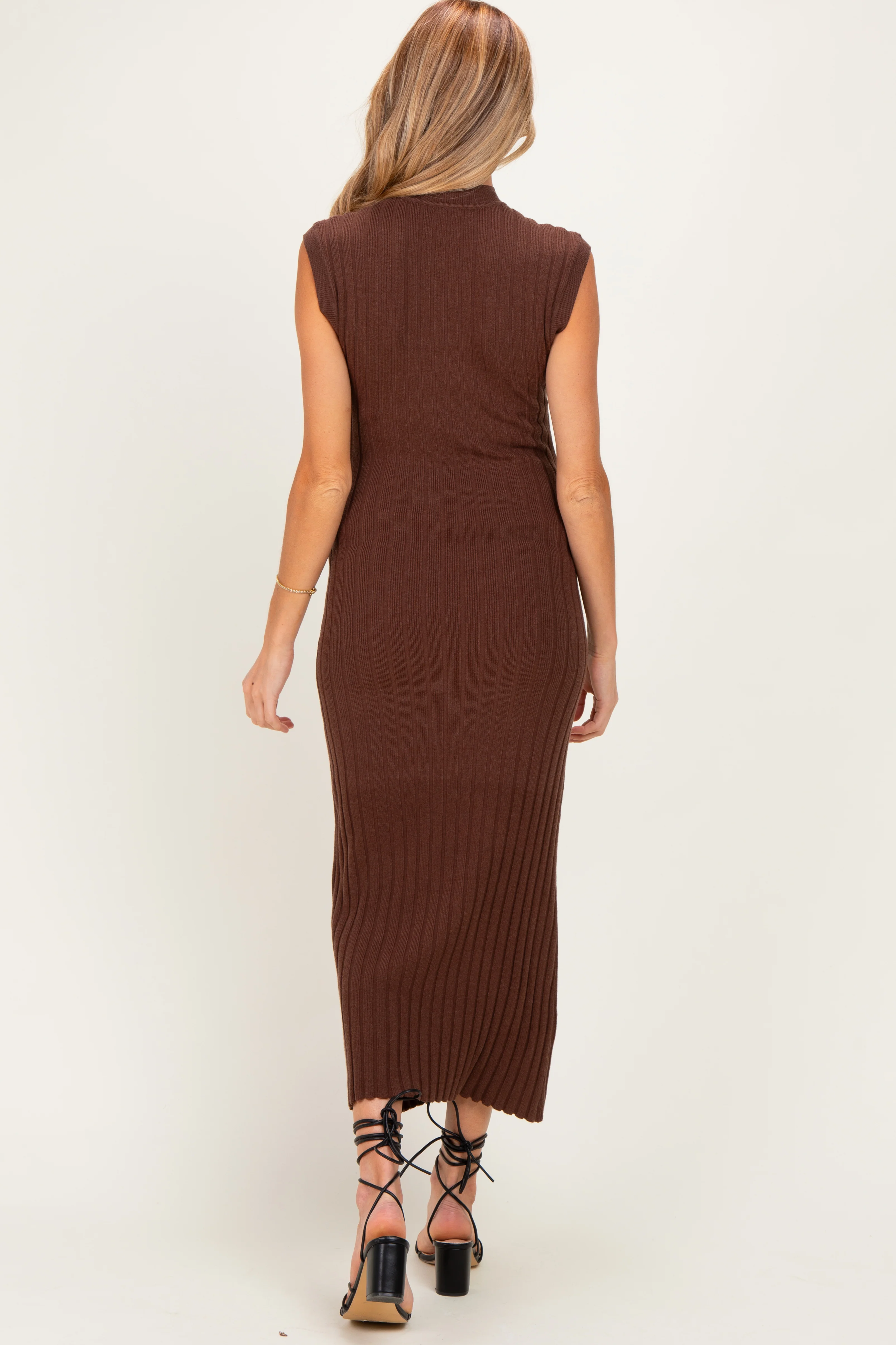 Chocolate Ribbed Knit Mock Neck Maternity Maxi Dress - Image 3