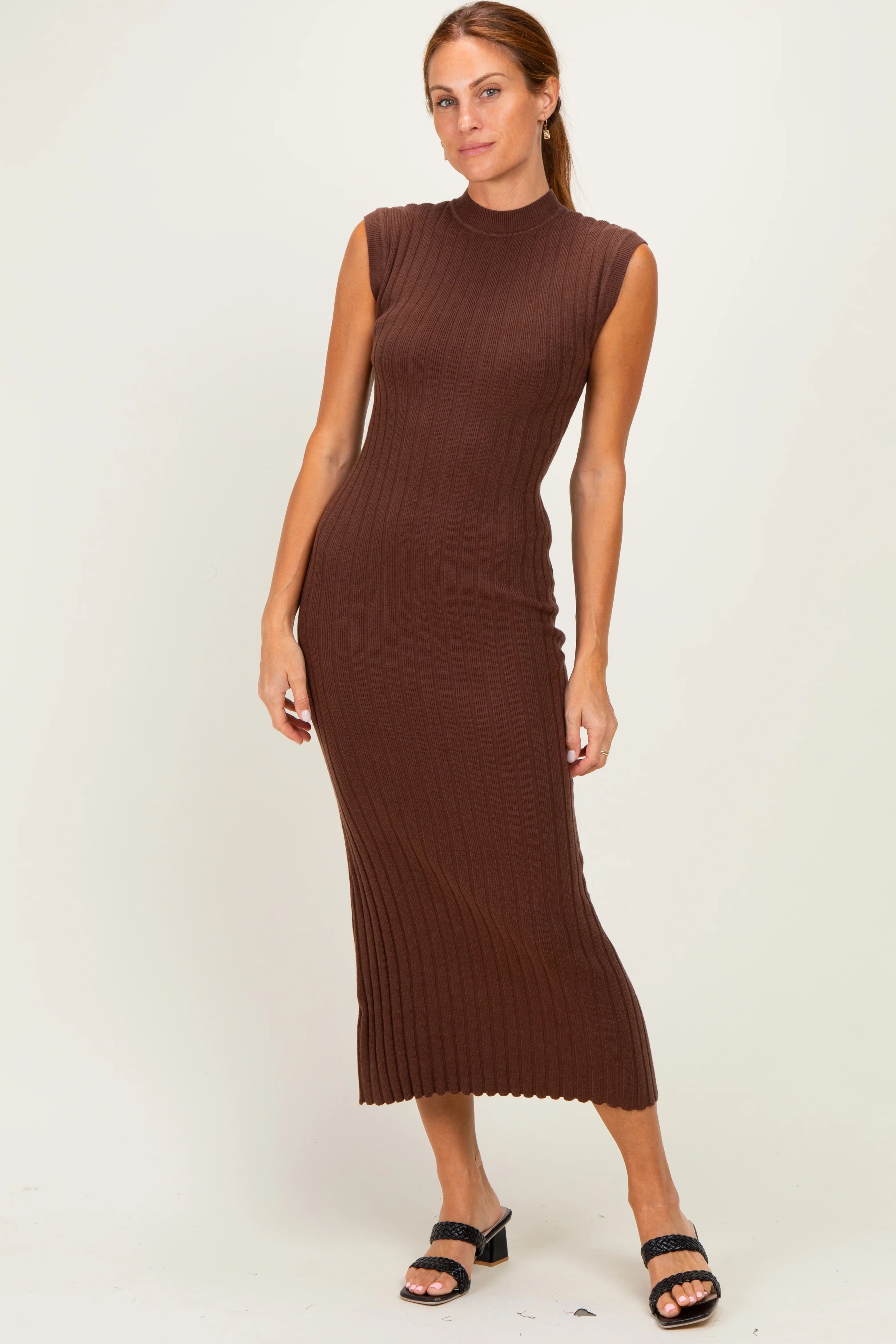Chocolate Ribbed Knit Mock Neck Maternity Maxi Dress - Image 4